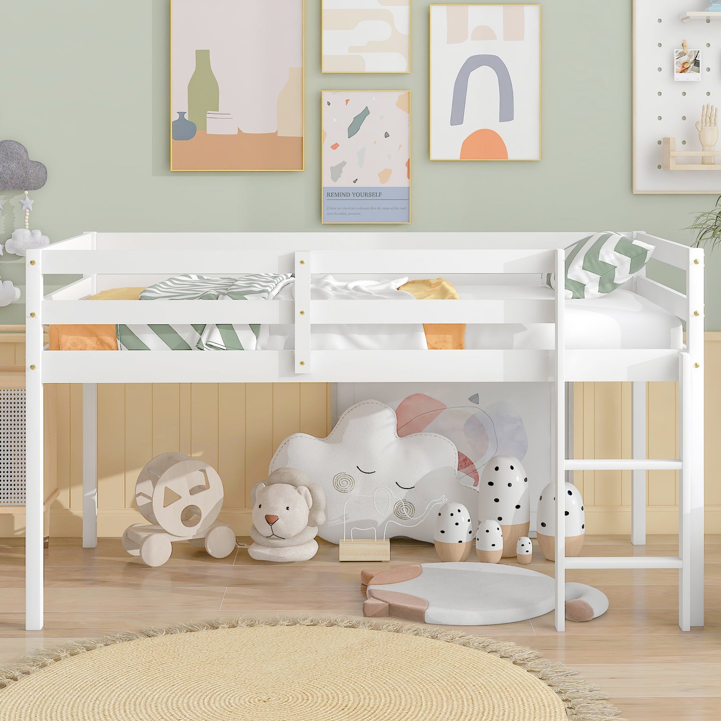SYNGAR Twin Size Kids Loft Bed with Stairs, Wood Toddler Bunk Bed for Boys Girls Teens Adults, Twin Bed Frame with Storage, Low Profile Loft Bed for Kids Bedroom, Gray