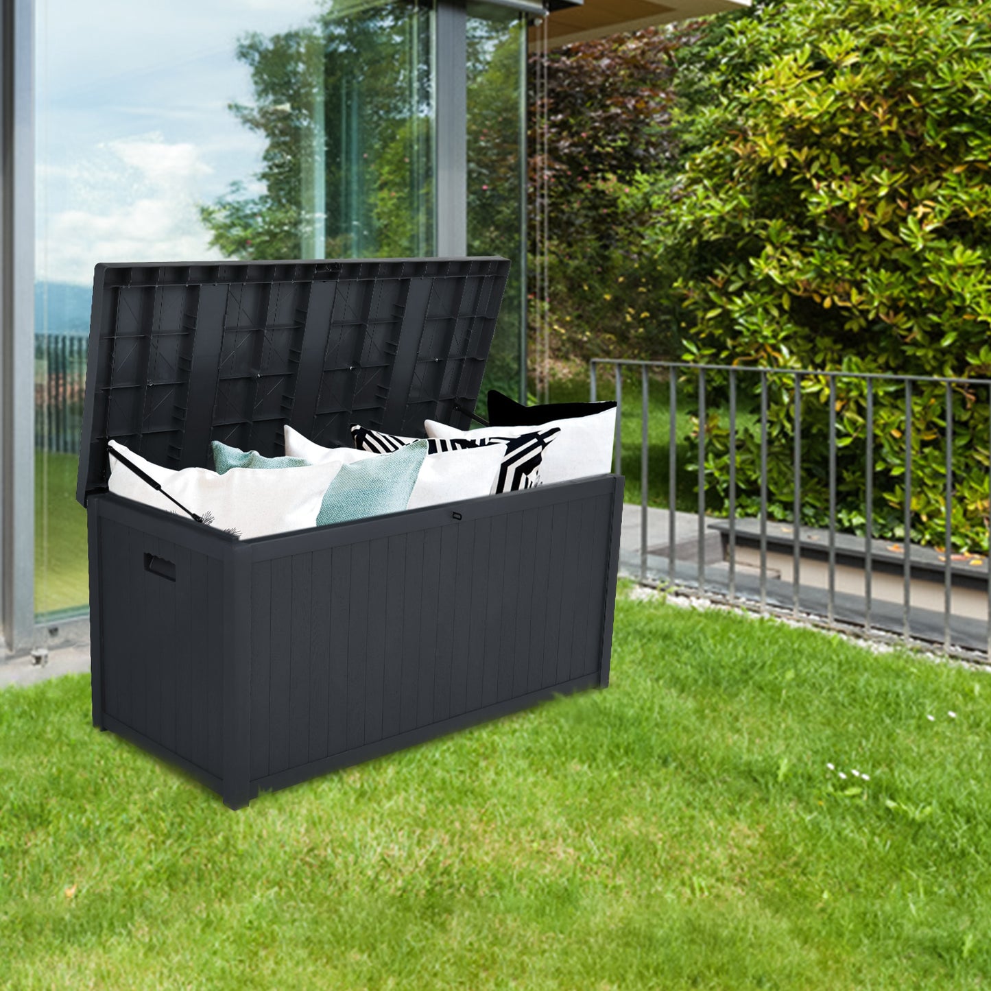 SYNGAR 113 Gallon Resin Deck Box, Patio Large Storage Cabinet, Outdoor Waterproof Storage Chest, Storage Container with Lid, for Outside Furniture Cushions, Garden Tools, Kids' Toys, Black, Y027