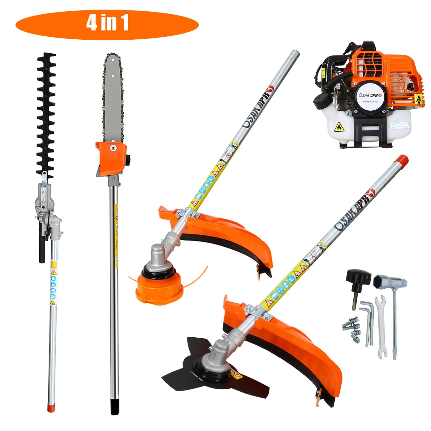 4 in 1 Weed Eater Grass Trimmer, Multi-Functional String Trimmer with Gas Pole Saw, Hedge Trimmer, Weed Trimmer, and Brush Cutter, Weed Eater for Patio Garden Lawn, 52CC 2-Cycle