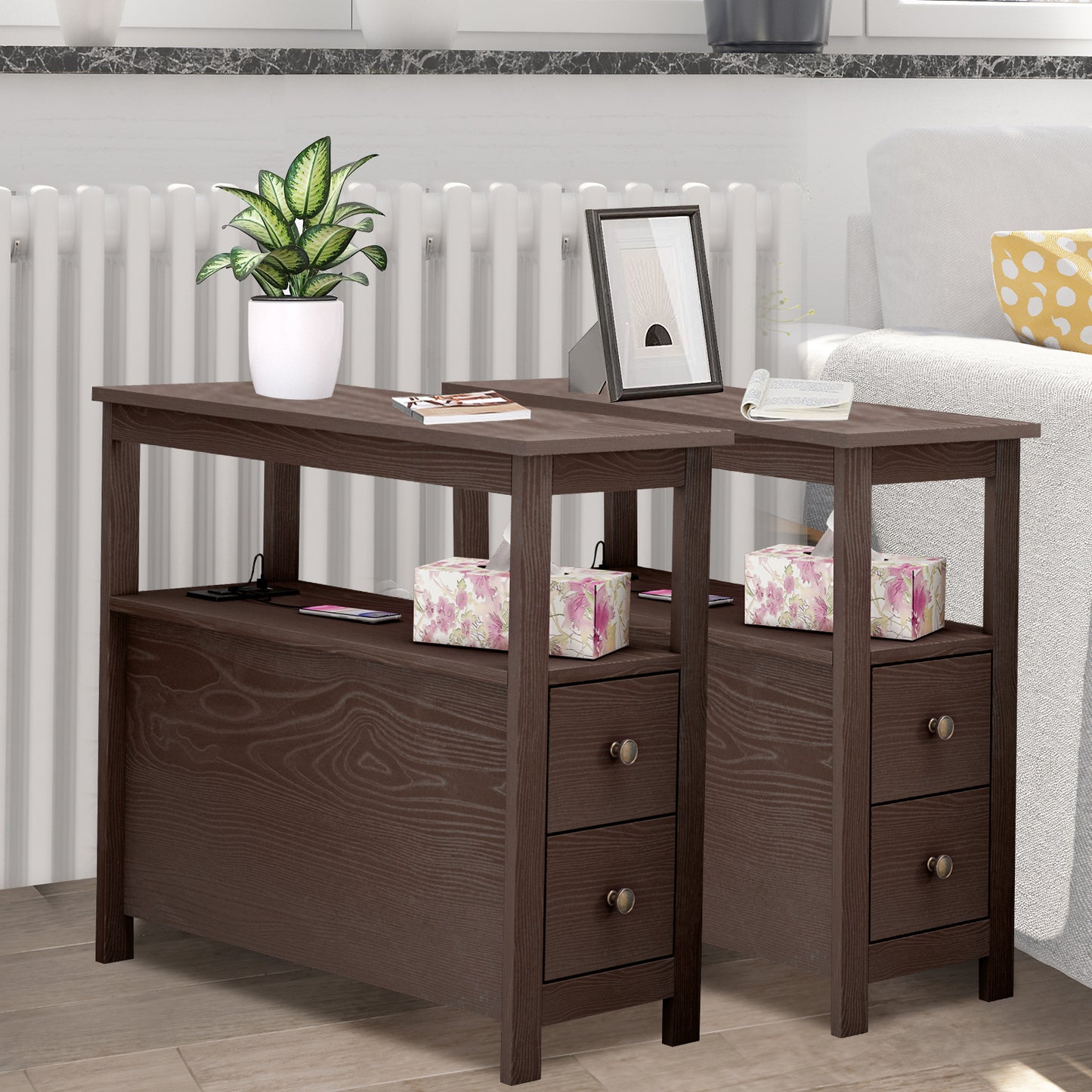 SYNGAR Side Table Set of 2 with Charging Station, End Table with USB Port and 2 Drawers for Bedroom Living Room, Coffee, LJ407