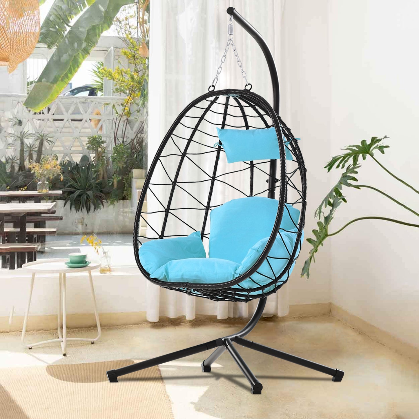 SYNGAR Egg Chair with Stand, Wicker Swing Chair, Patio Hammock Chair with Soft Cushion, Indoor Outdoor Balcony Bedroom Basket Hanging Lounge Chair, Heavy Duty Frame for 300 lbs Capacity, Red, Y024