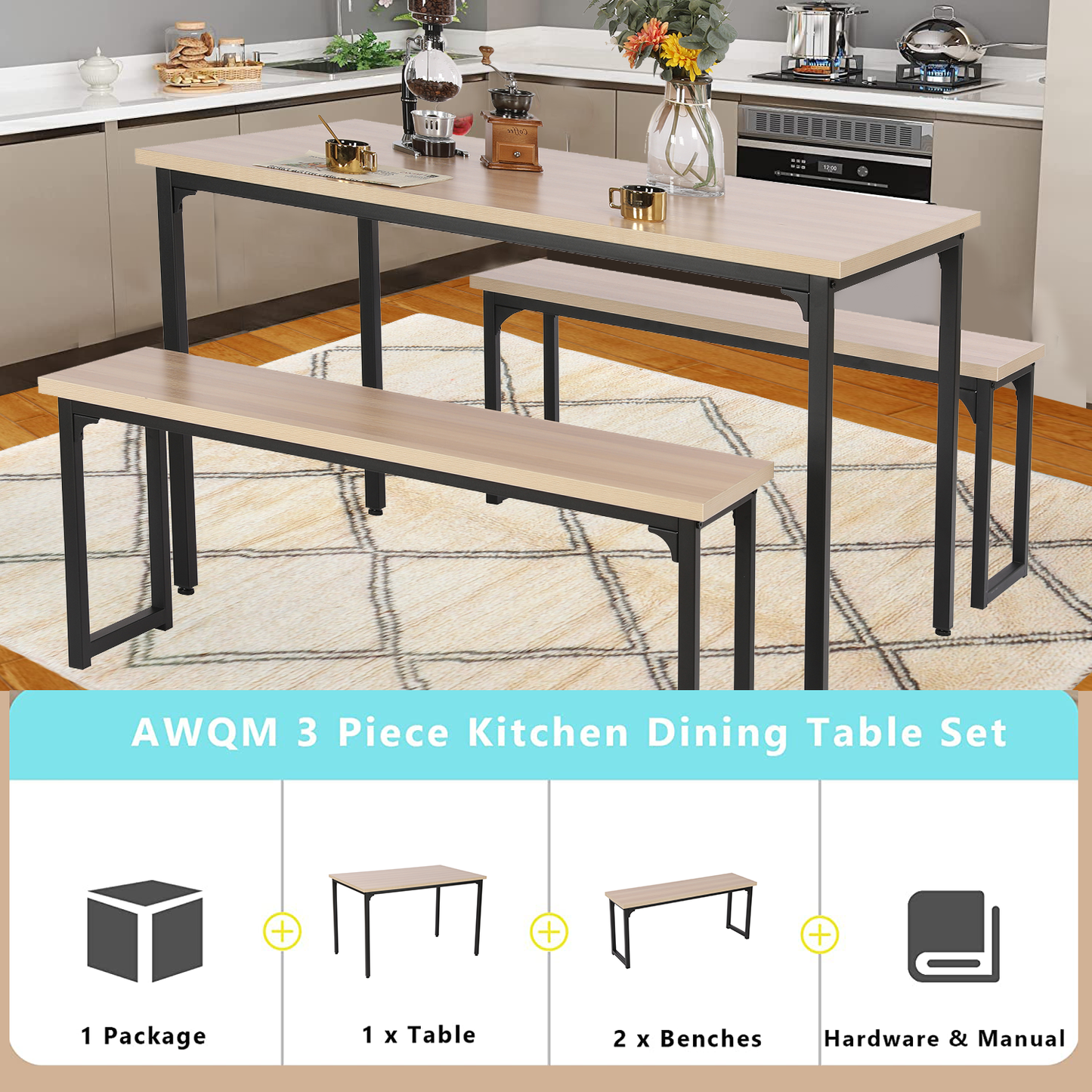 SYNGAR 3 Piece Kitchen Table Set, Modern Dining Set with 2 Benches, Home Dining Table Set for 4, Breakfast Table and Chairs Set, for Small Space, Kitchen, Dining Room, Restaurant, Beige, Y005