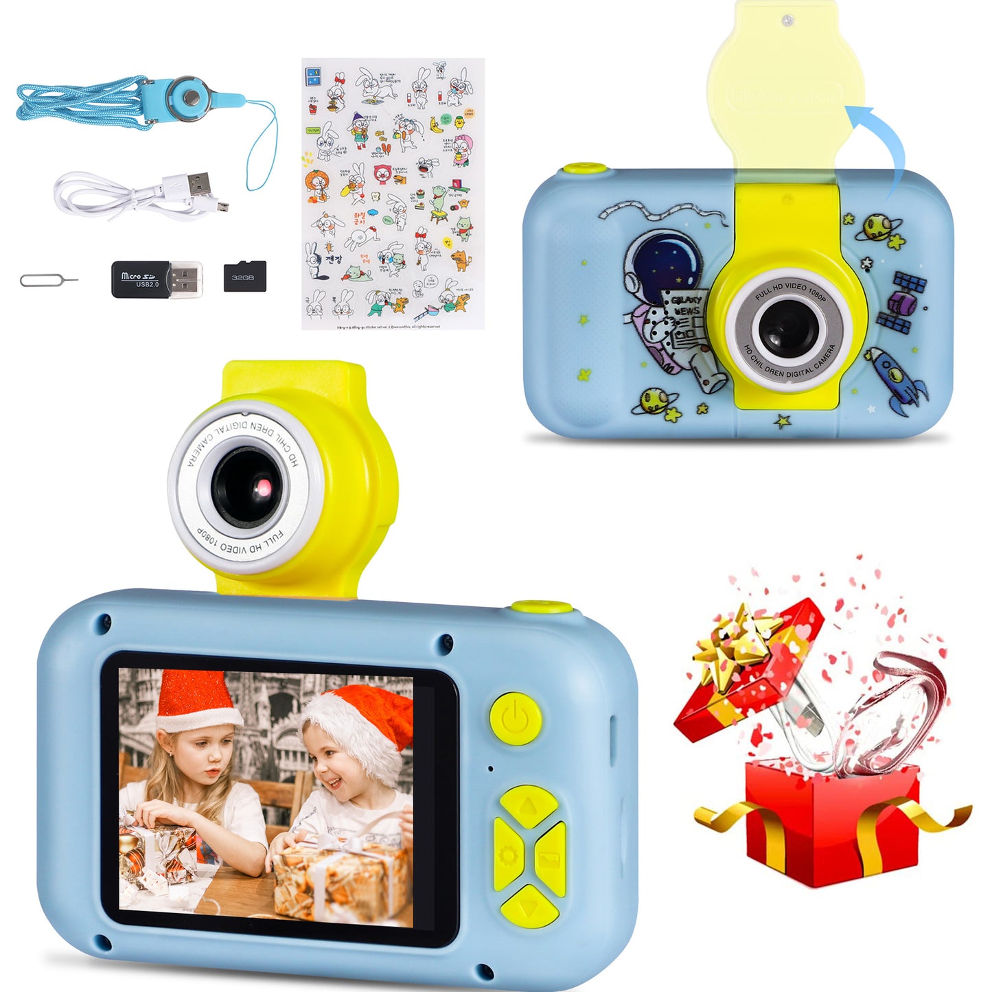 Reversible Kids Camera, 1080P Upgrade Selfie Camera with 32 GB Card, Kids Digital Camera for Girls Boys 3-8 Year Old, Perfect Christmas Birthday Festival Toys Gifts for Toddlers, Pink Astronaut