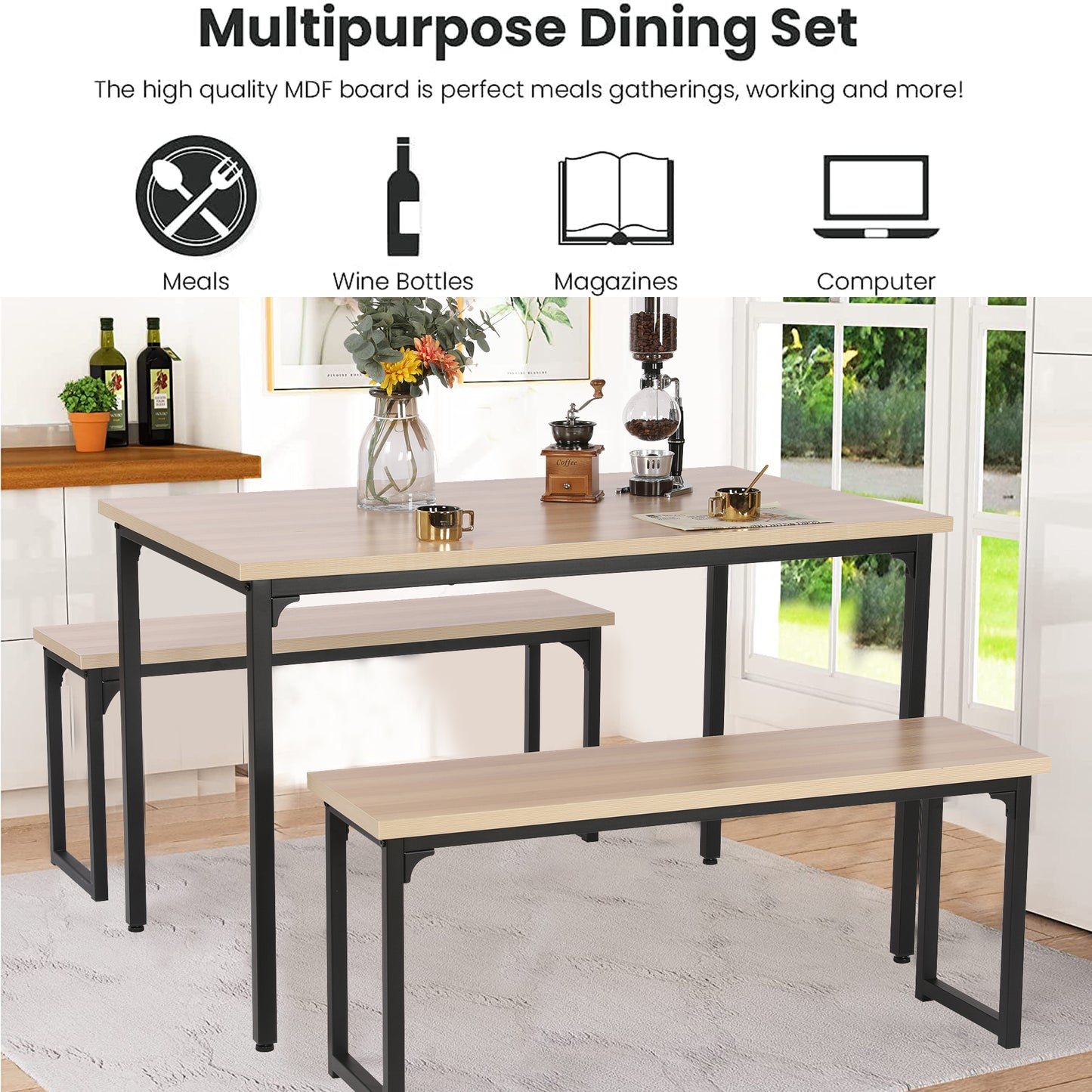 SYNGAR 3 Piece Kitchen Table Set, Modern Dining Set with 2 Benches, Home Dining Table Set for 4, Breakfast Table and Chairs Set, for Small Space, Kitchen, Dining Room, Restaurant, Beige, Y005