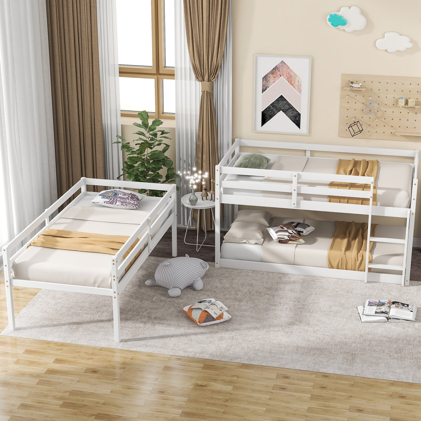 SYNGAR White Wood Triple Bunk Bed Frame for Kids, 3 Twin Bed Triple Floor Bunk Bed with Ladders, Adjustable Detachable Design 3 Bed Frame, No Box Spring Needed, Twin Over Twin Over Twin