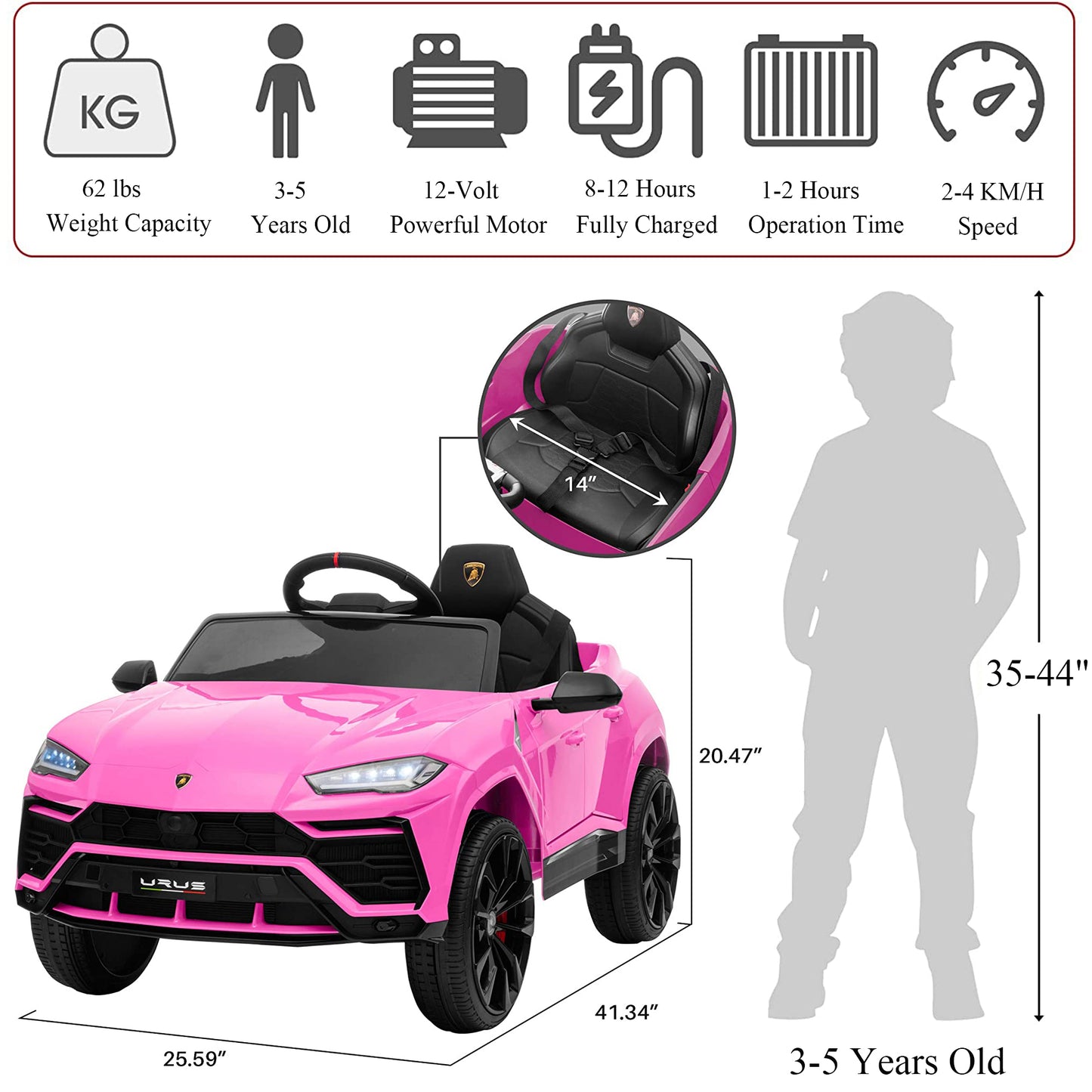 Pink Licensed Lamborghini Ride on Car, 12V Electric Ride on Toy with Remote Control, LED Lights, Music, Horn, Kids Toy Car Vehicle for Boys Girls, Y037
