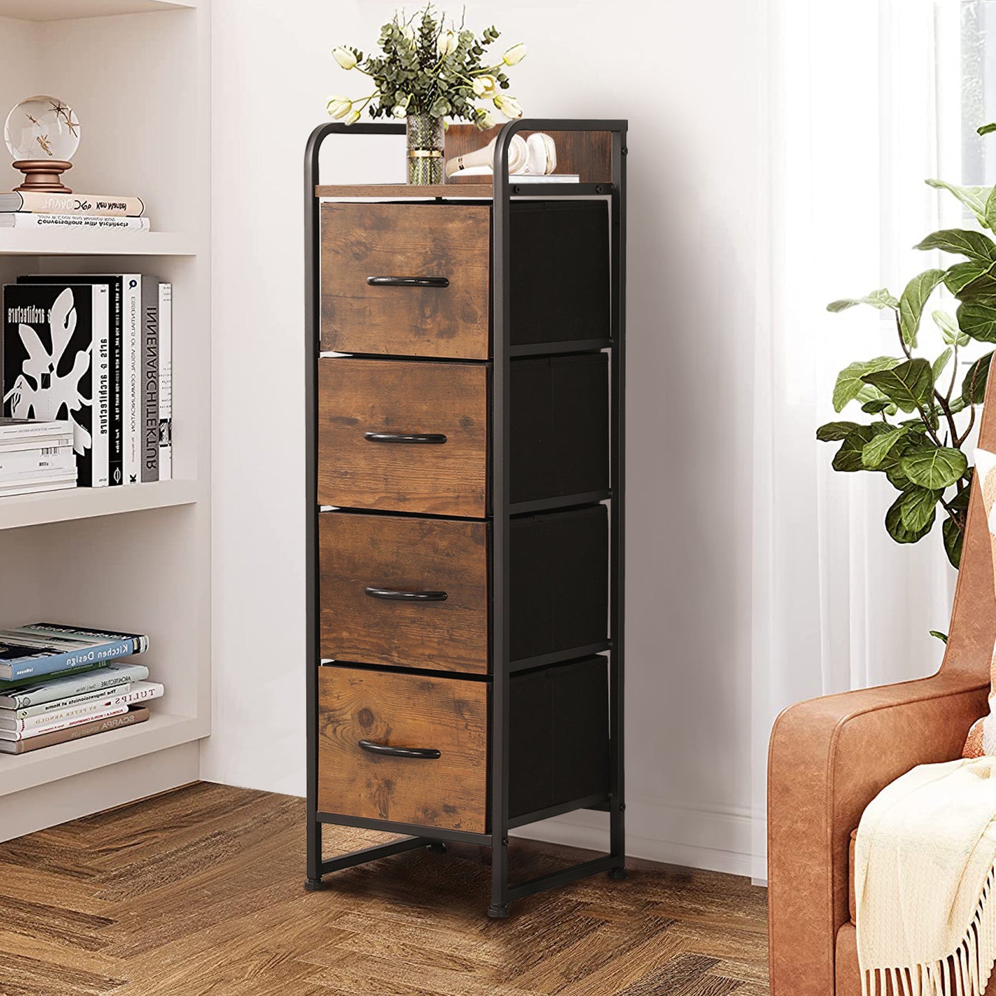 Rustic Brown 4 Drawer Dresser, Small Fabric Storage Tower with Wooden Tabletop, Dressers and Chests of Drawers, Organizer Unit for Bedroom, Living Room, Hallway, Closets and Nursery