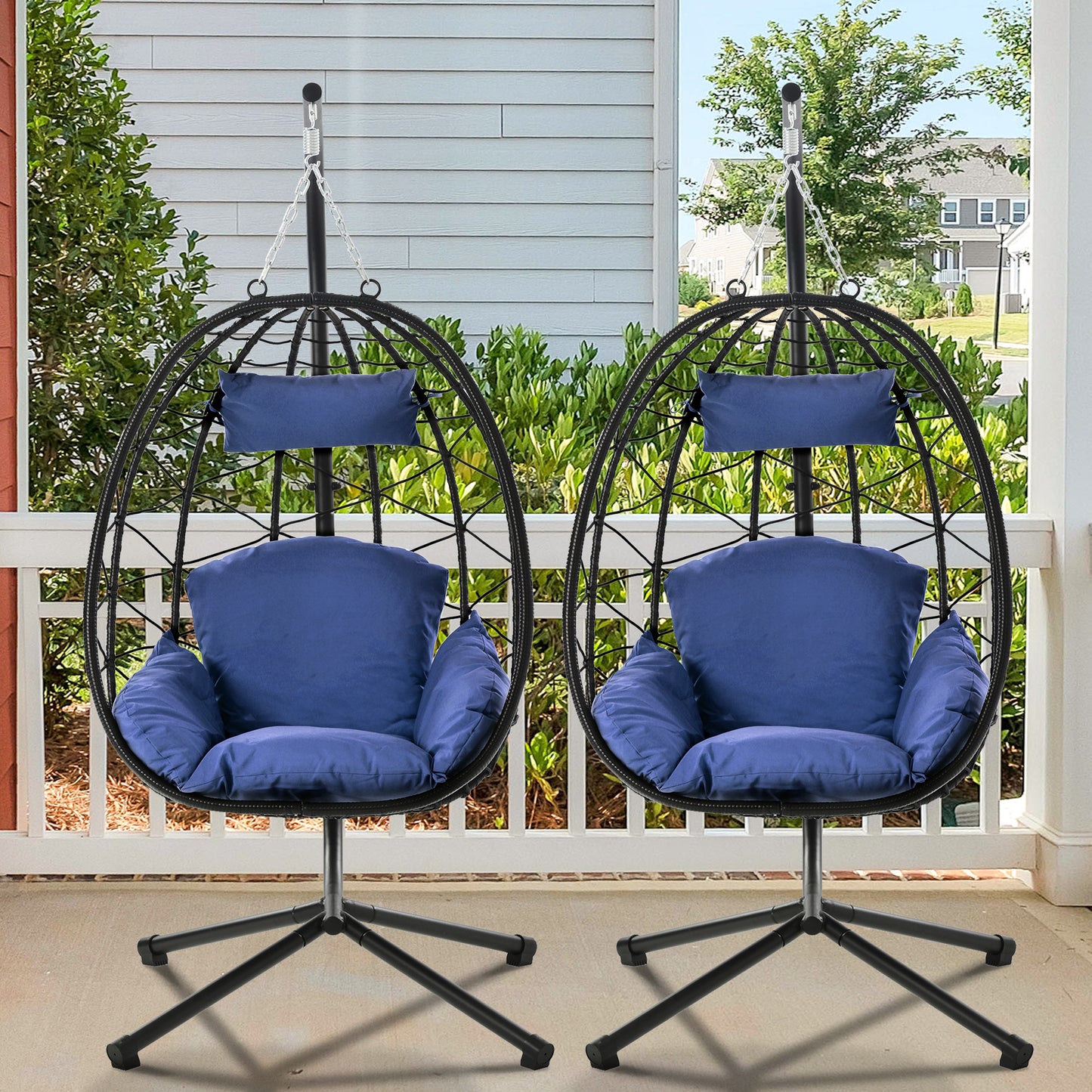 SYNGAR 2 Piece Indoor Outdoor Patio Wicker Hanging Chairs, Swing Hammock Egg Chairs Waterproof Cushions with Steel Frame, 300lbs Capacity for Patio Balcony Bedroom Living Room, Navy Blue