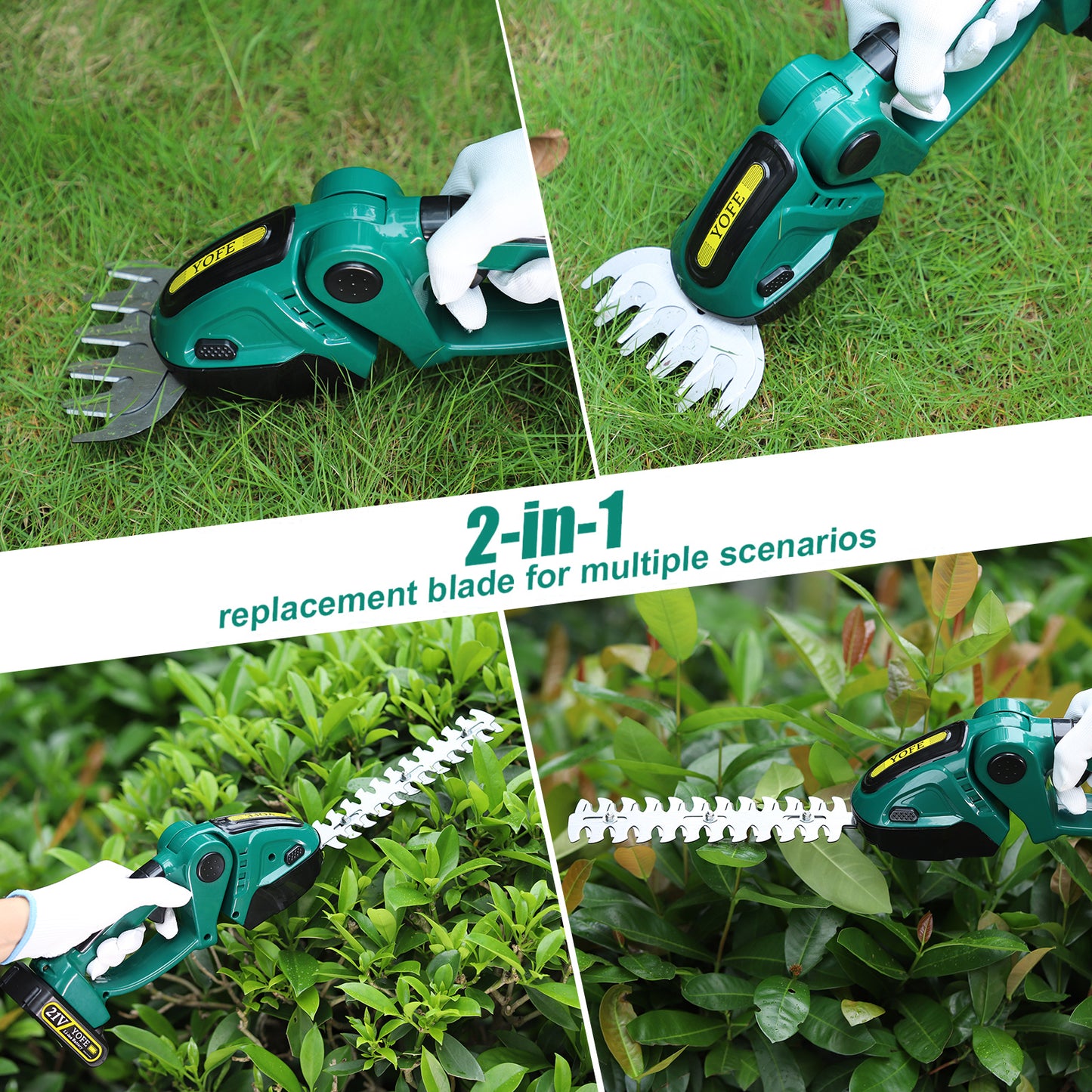 SYNGAR Electric Cordless Hedge Trimmer 2 in 1, Power Grass Shear Handheld Shrubbery Trimmer with Rechargeable Battery and Charger, 1.65lbs Lightweight, Green