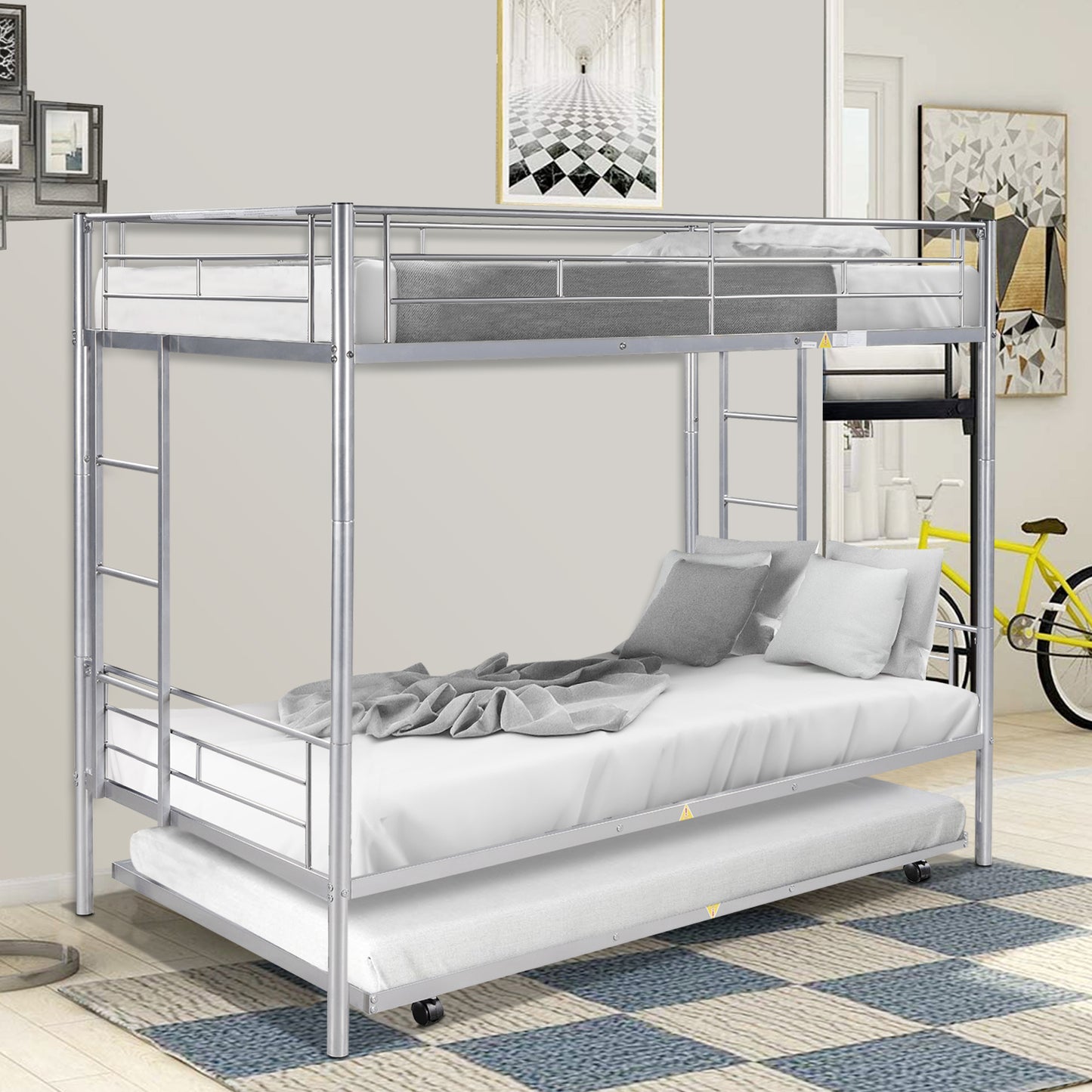 Twin over Twin Bunk Bed Frame with Trundle, SYNGAR Upgraded Bunk Beds with Ladder & Guardrail, Heavy Duty Kids Bedroom Furniture Bunk Bed for Boys and Girls, Space Saver Guest Room Bunk, Silver, C24
