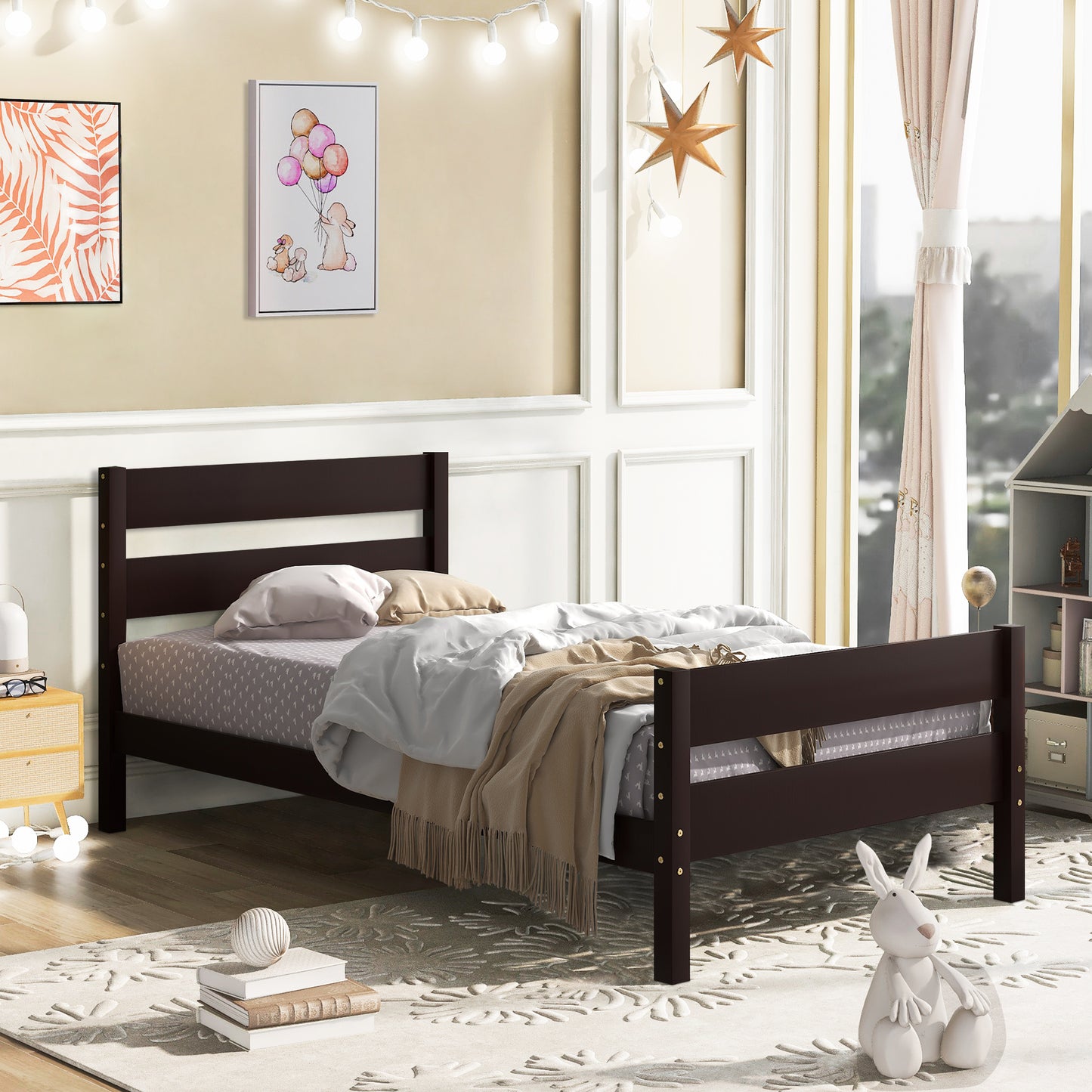 SYNGAR Twin Size Wood Platform Bed Frame with Headboard and Footboard, Underbed Storage, Mattress Foundation with Strong Wooden Slat Support, No Box Spring Needed, Espresso