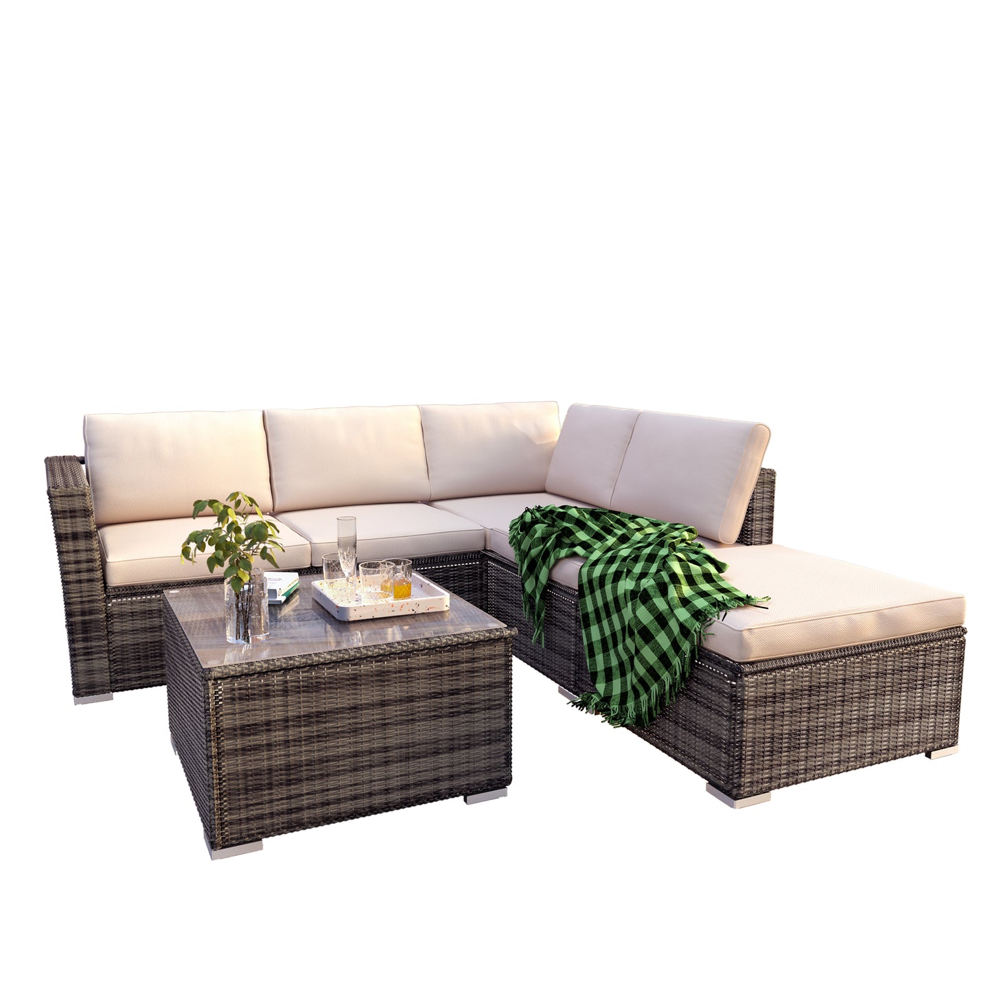 SYNGAR 4 Piece Outdoor Patio Furniture Set, PE Wicker Conversation Set, All Weather Rattan Sofa Set with Tempered Glass Table and Cushion, Sectional Sofa Set for Backyard Garden Poolside