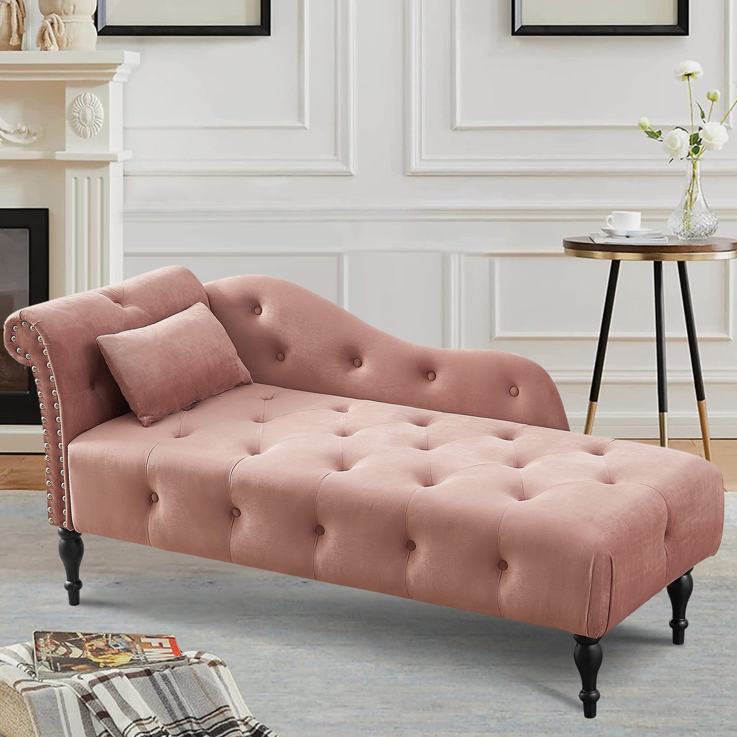 SYNGAR Tufted Upholstered Velvet Rolled Arm Chaise Lounges Indoor Chair, Right Arm Facing Chaise Lounge with Pillow, Nailhead Trim and Solid Wood Legs for Living Room Bedroom Office, Blue
