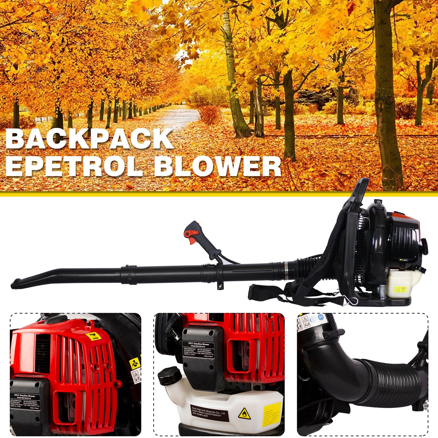 SYNGAR Gas Backpack Leaf Blower, 52CC 2-Cycle Leaf Blower Snow Blower with Extended Tube for Lawn Care Yard Snow Blowing Dust, Black & Red