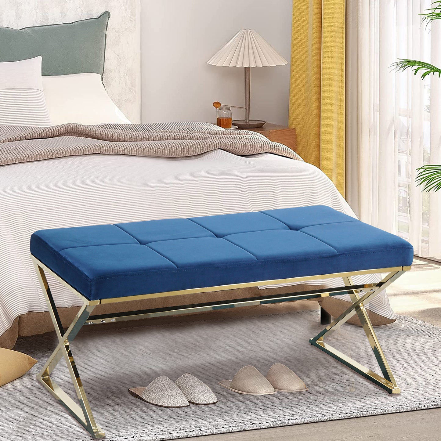 SYNGAR Upholstered Bedroom Bench, Modern Velvet Footstool Bench Seat for Living Room, Hallway, Entryway, Ottoman Bench with Gold Metal Legs, Blue