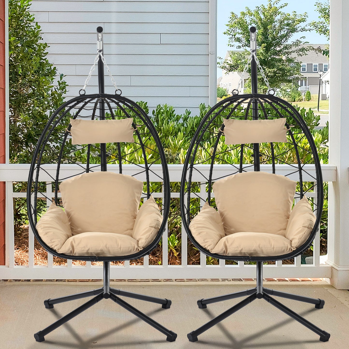 SYNGAR 2 Piece Indoor Outdoor Patio Wicker Hanging Chair, Swing Hammock Egg Chairs Waterproof Cushions with Steel Frame, 300lbs Capacity for Patio Balcony Bedroom Living Room, 2Pcs, Beige