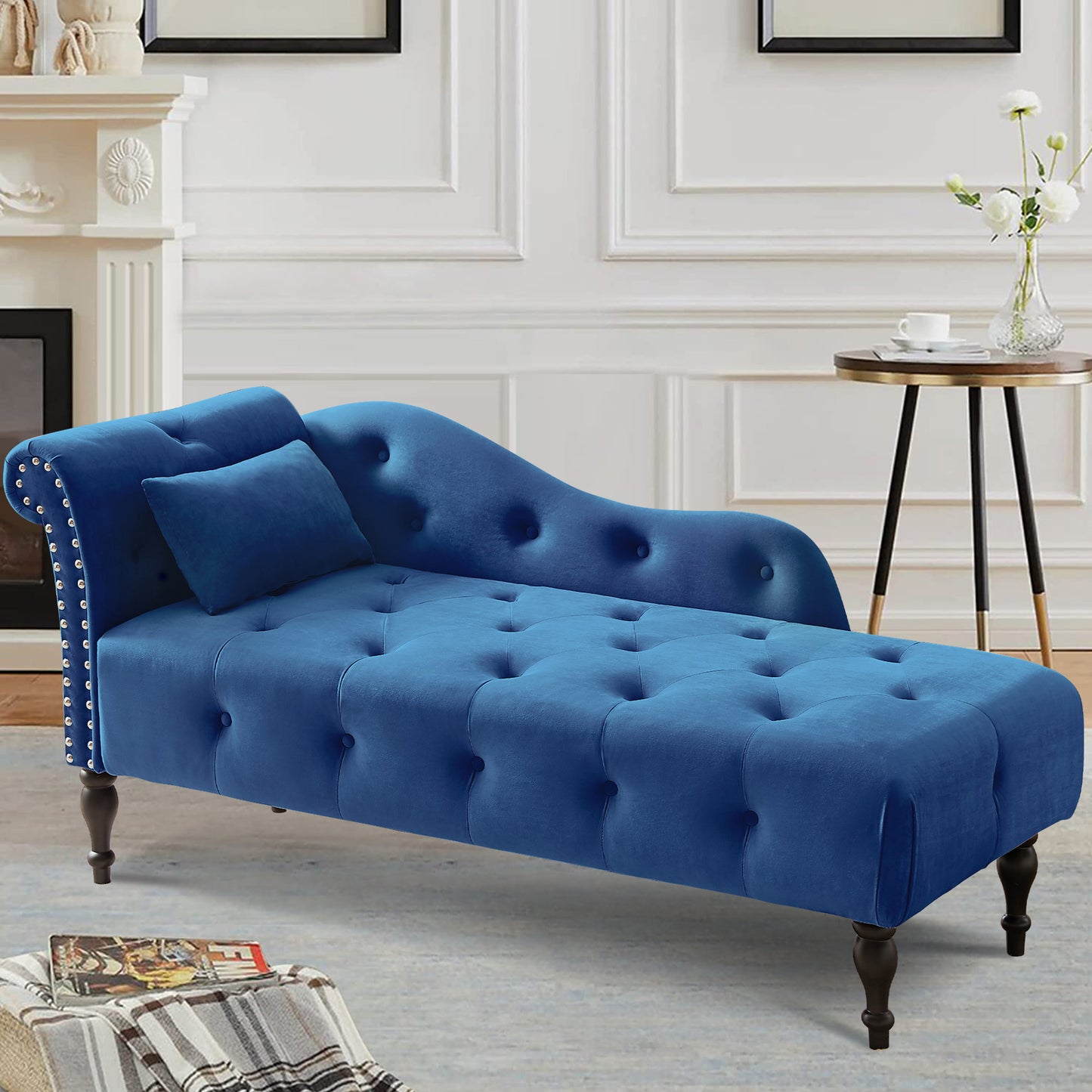 SYNGAR Tufted Upholstered Velvet Rolled Arm Chaise Lounges Indoor Chair, Right Arm Facing Chaise Lounge with Pillow, Nailhead Trim and Solid Wood Legs for Living Room Bedroom Office, Blue
