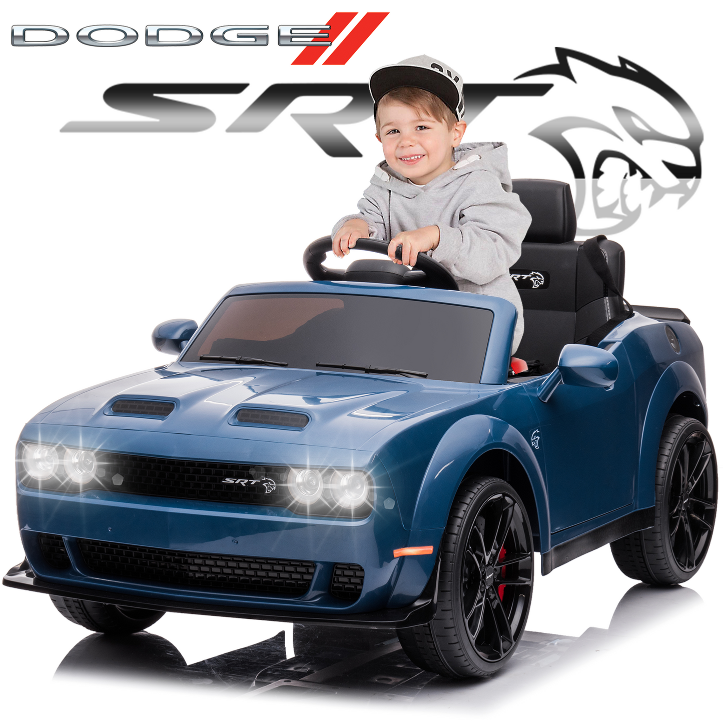 Power Dodge Challenger SRT Ride on Toy, 12 Volt Battery Powered Electric Car with Remote Control, Horn, LED Lights, USB Port for Boys Girls Birthday Gift, Blue