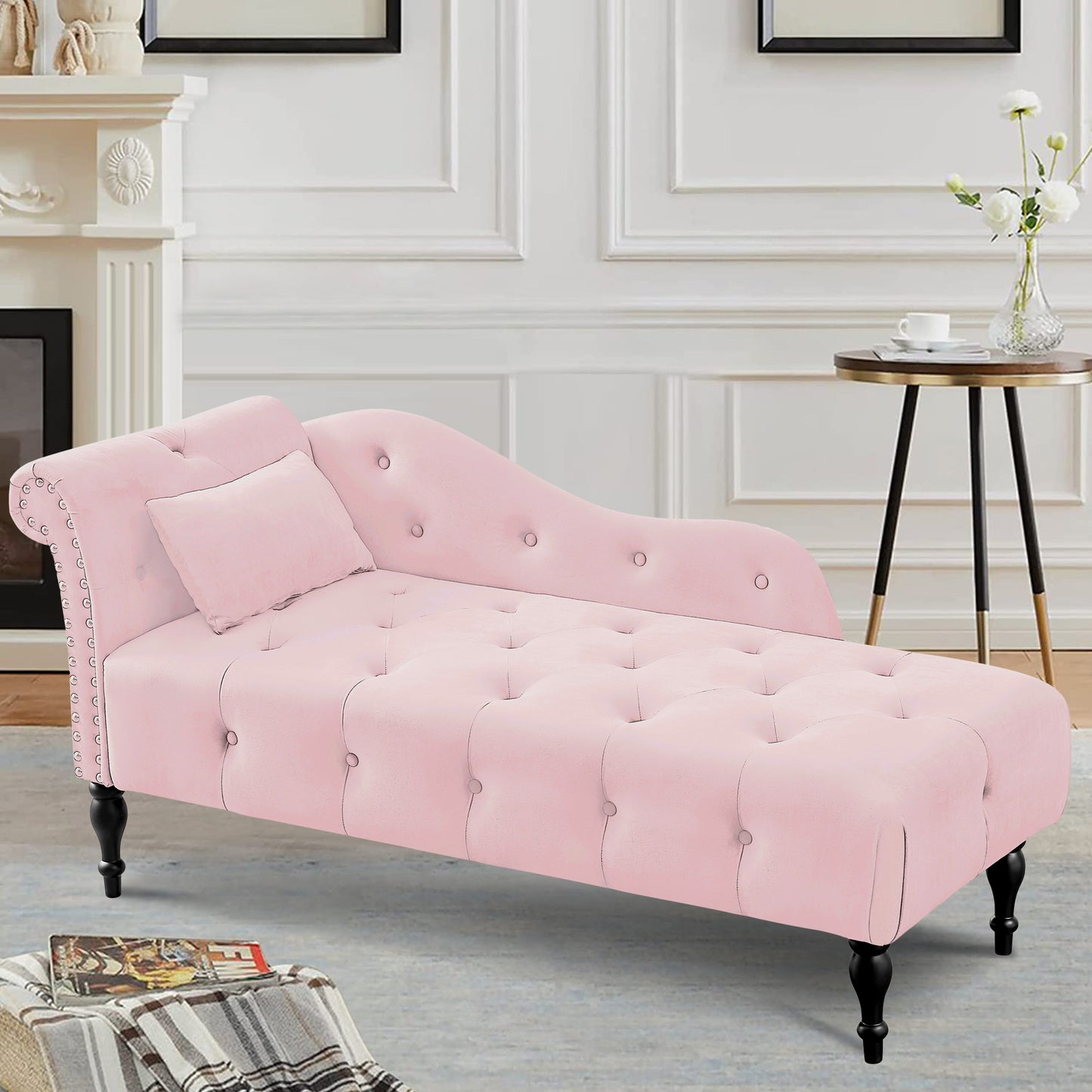 SYNGAR Tufted Upholstered Velvet Rolled Arm Chaise Lounges Indoor Chair, Right Arm Facing Chaise Lounge with Pillow, Nailhead Trim and Solid Wood Legs for Living Room Bedroom Office, Blue