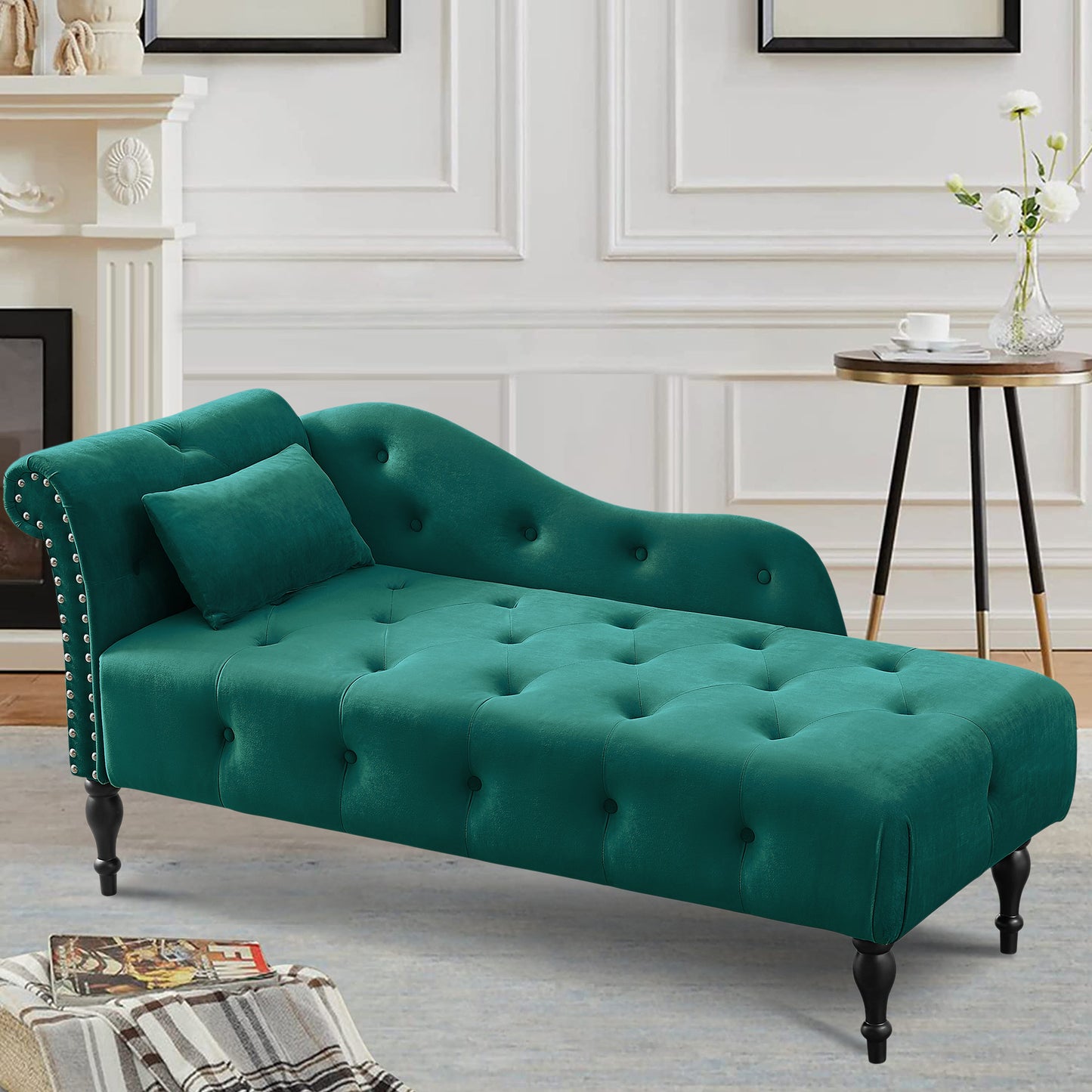 SYNGAR Tufted Upholstered Velvet Rolled Arm Chaise Lounges Indoor Chair, Right Arm Facing Chaise Lounge with Pillow, Nailhead Trim and Solid Wood Legs for Living Room Bedroom Office, Blue