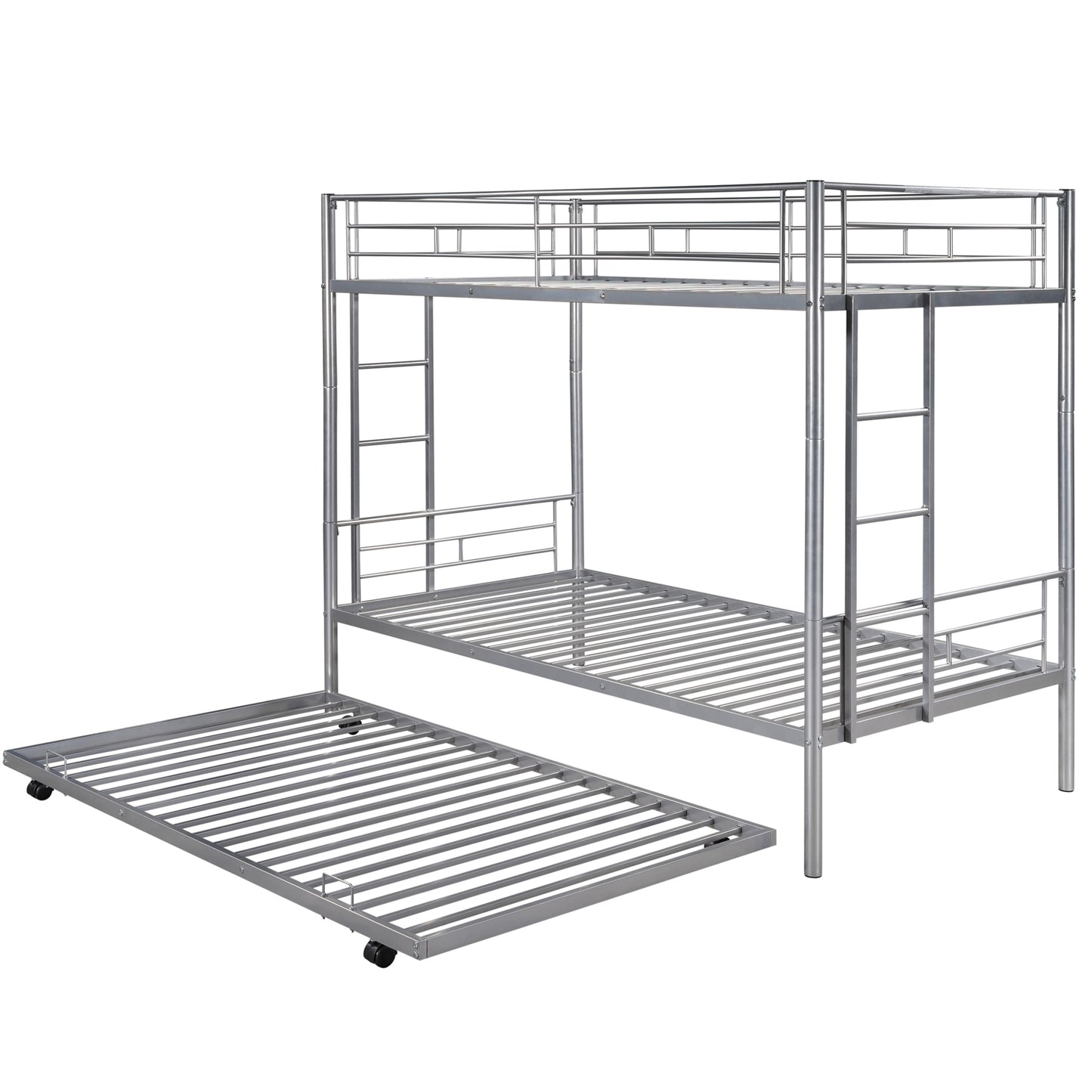 Twin over Twin Bunk Bed Frame with Trundle, SYNGAR Upgraded Bunk Beds with Ladder & Guardrail, Heavy Duty Kids Bedroom Furniture Bunk Bed for Boys and Girls, Space Saver Guest Room Bunk, Silver, C24
