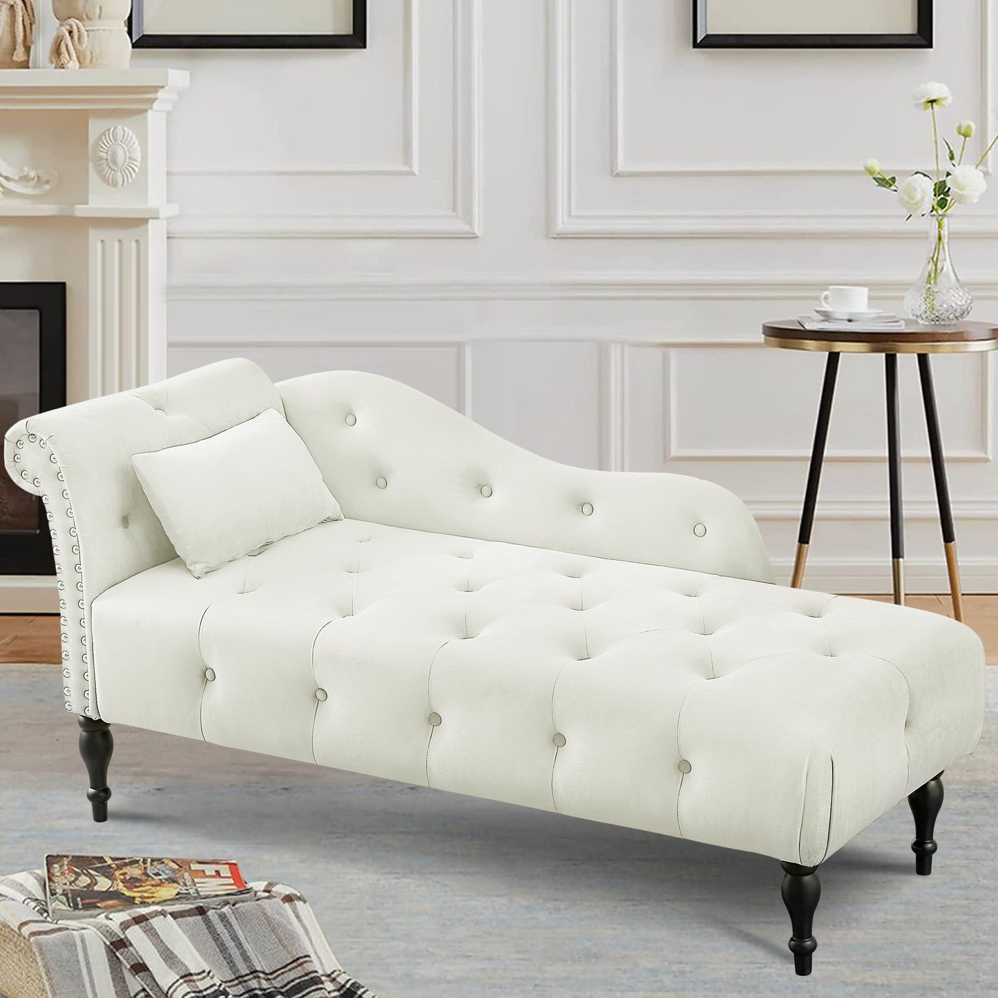 SYNGAR Tufted Upholstered Velvet Rolled Arm Chaise Lounges Indoor Chair, Right Arm Facing Chaise Lounge with Pillow, Nailhead Trim and Solid Wood Legs for Living Room Bedroom Office, Blue
