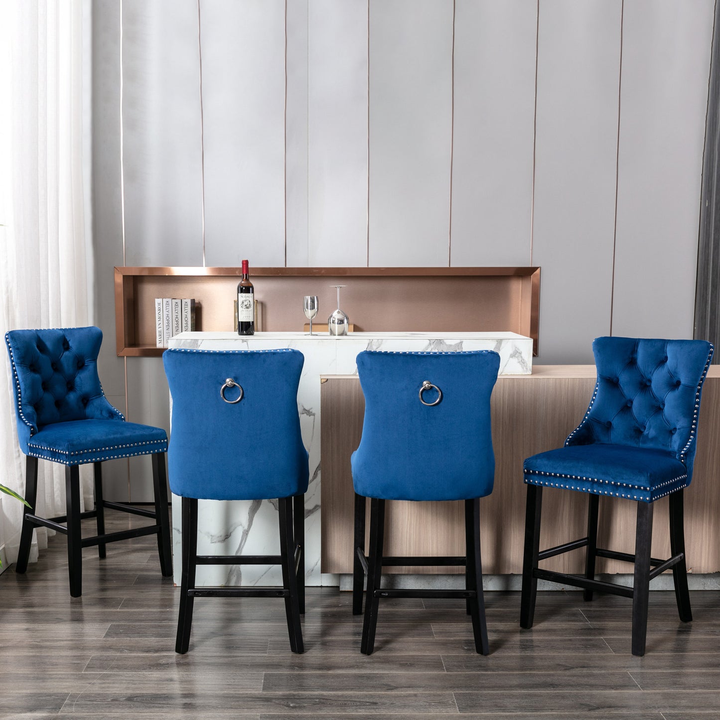 SYNGAR Bar Stools Set of 2, Velvet Upholstered Bar Chair with Wood Legs Nailhead Trim Tufted Back, High End Counter Height Bar Stools, Bar Chairs for Bar Counter Kitchen, Wood Barstool Set, Blue