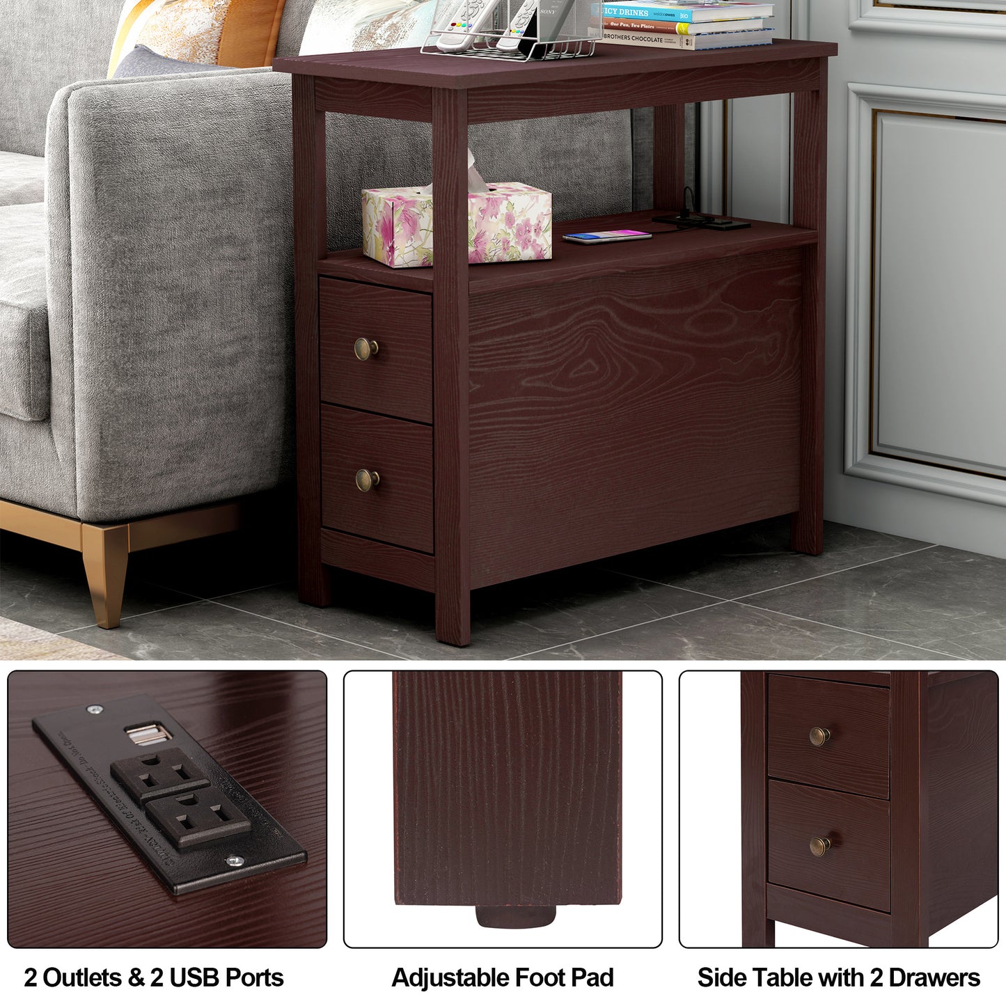 SYNGAR Side Table for Living Room, Nightstand Set of 2, Modern Side Cabinet W/ 2 Drawers, Open Shelf, Power Outlets & USB Ports, Wood End Table with Storage, Bedside Table for Bedroom, Espresso, D4684