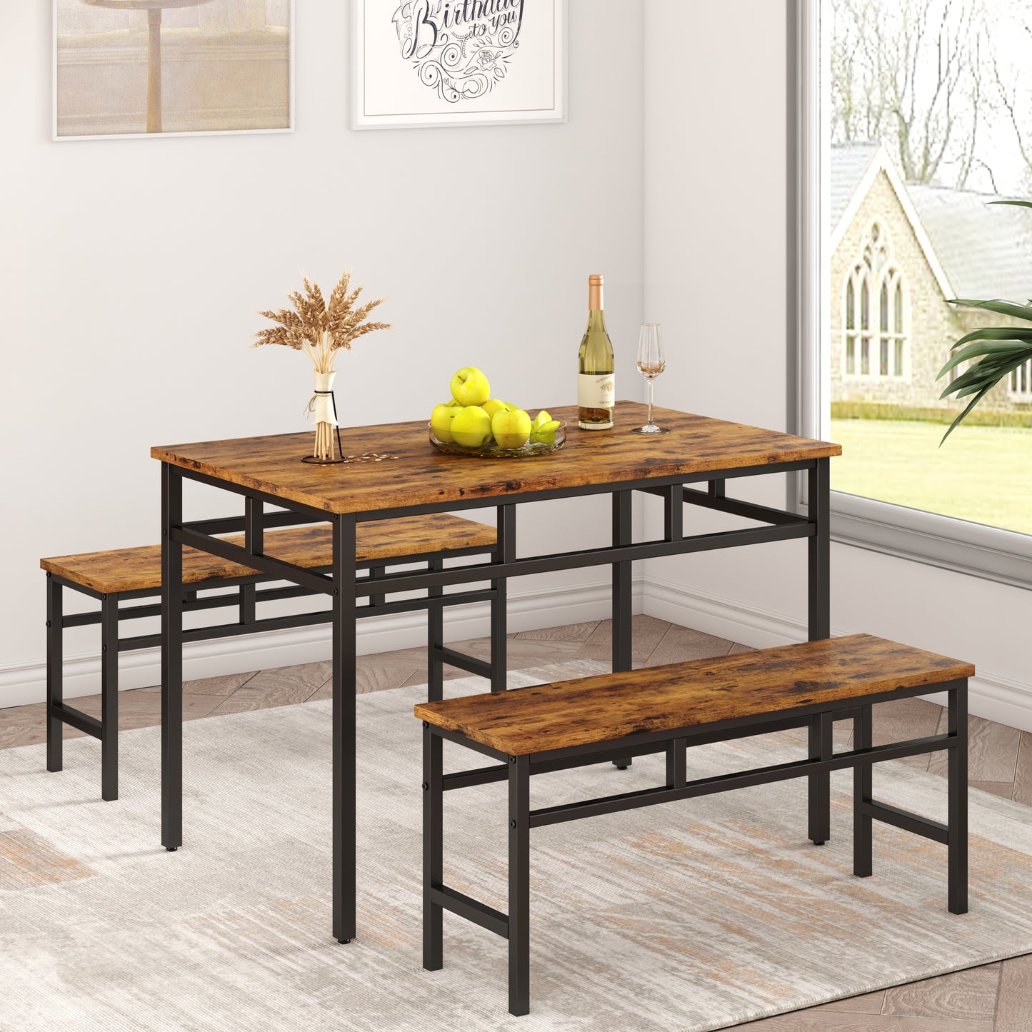 SYNGAR 3 Piece Kitchen Table Set, Modern Dining Set with 2 Benches, Home Dining Table Set for 4, Breakfast Table and Chairs Set, for Small Space, Kitchen, Dining Room, Restaurant, Beige, Y005