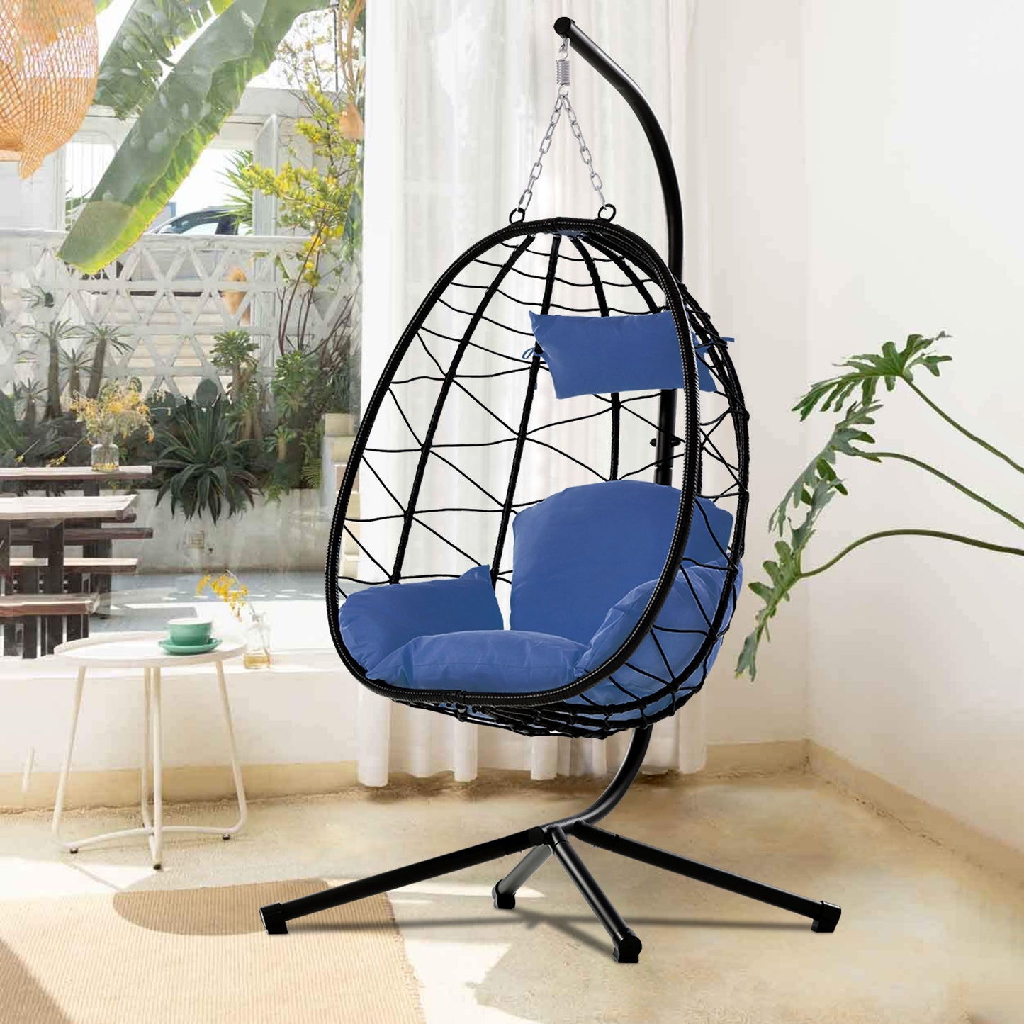 SYNGAR Egg Chair with Stand, Wicker Swing Chair, Patio Hammock Chair with Soft Cushion, Indoor Outdoor Balcony Bedroom Basket Hanging Lounge Chair, Heavy Duty Frame for 300 lbs Capacity, Red, Y024