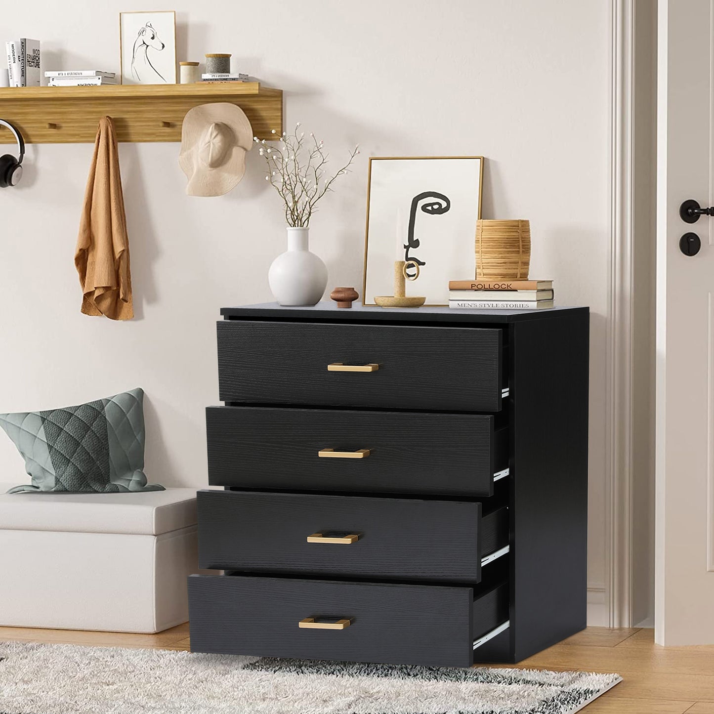 SYNGAR Black 4 Drawer Dresser, Chest of Drawers for Bedroom, Modern Storage Cabinet Dresser Organizer Unit with Handle for Living Room, Closet, Hallway, Nursery