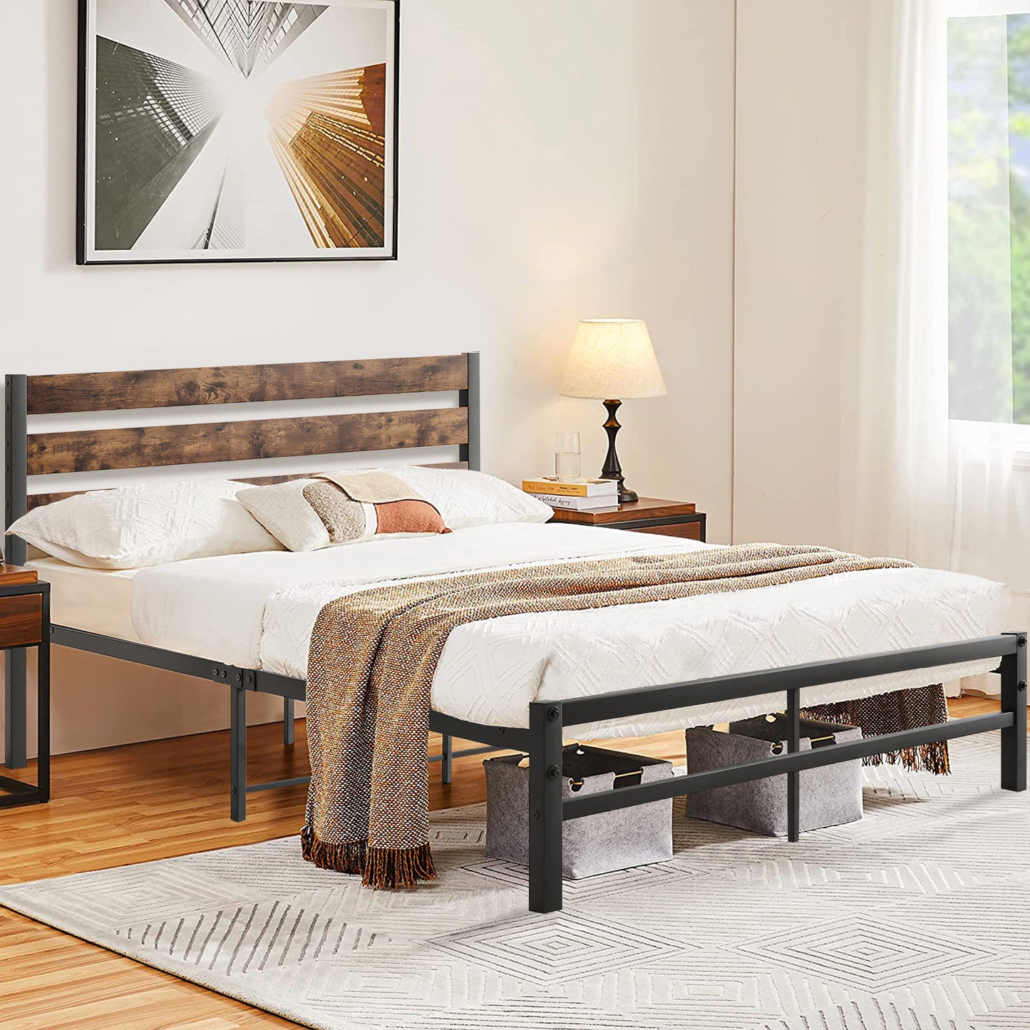 SYNGAR Black Metal Platform Bed Frame Full Size with Wooden Headboard, Steel Legs, Underbed Storage, Strong Slat Support, No Box Spring Needed, Rustic Full Bed Frame for Kids Teens Adults