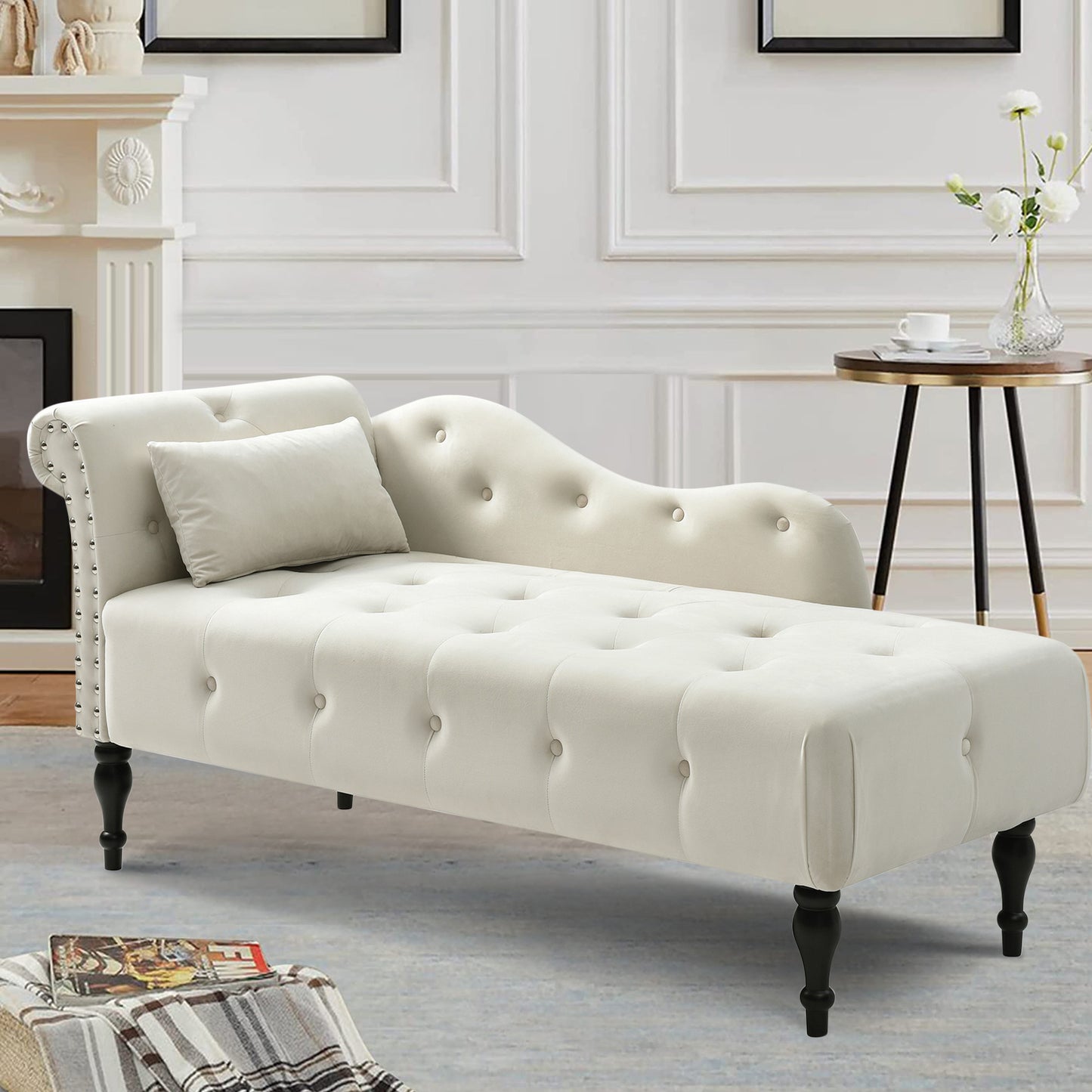 SYNGAR Tufted Upholstered Velvet Rolled Arm Chaise Lounges Indoor Chair, Right Arm Facing Chaise Lounge with Pillow, Nailhead Trim and Solid Wood Legs for Living Room Bedroom Office, Blue