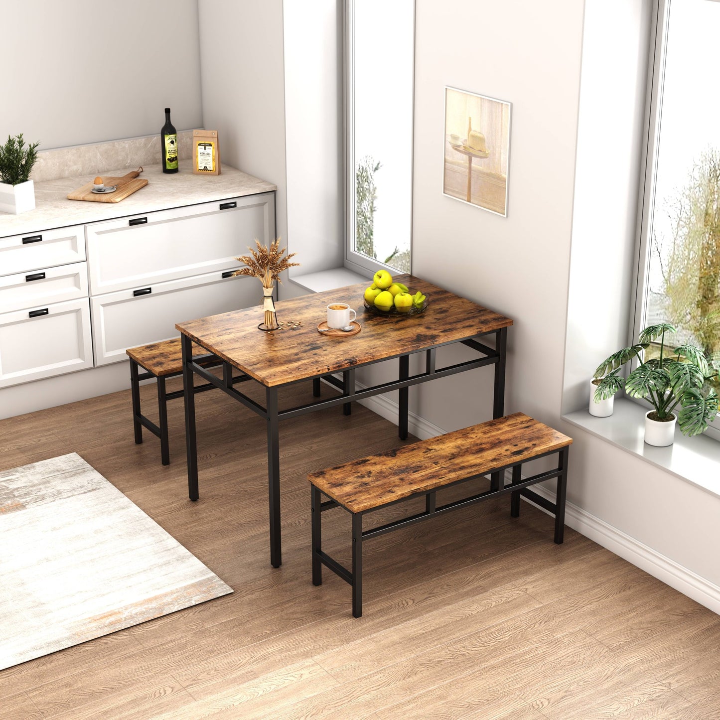 Dining Table with 2 Bench, Space Saving Dining Table Set, Modern Soho Dining Set with Metal Frame, Farmhouse Style Dining Room Furniture Set for 6 Persons, Easy Assembly for Kitchen Coffee Shop, B1187