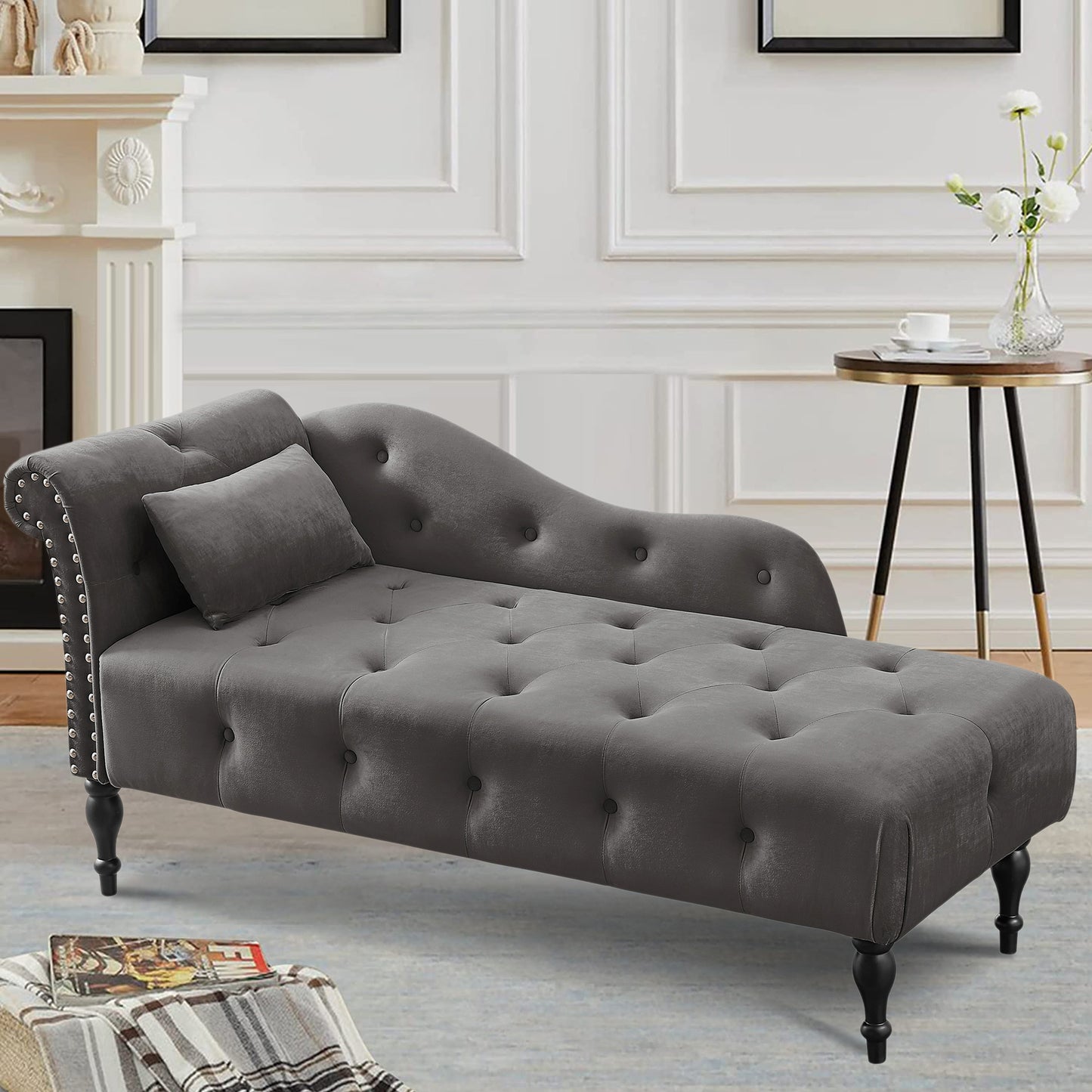 SYNGAR Tufted Upholstered Velvet Rolled Arm Chaise Lounges Indoor Chair, Right Arm Facing Chaise Lounge with Pillow, Nailhead Trim and Solid Wood Legs for Living Room Bedroom Office, Blue