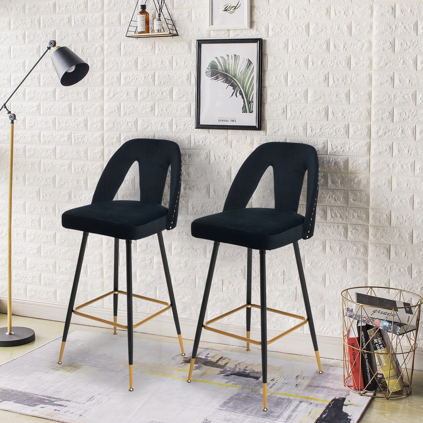 SYNGAR Modern Bar Chairs Set of 2, Contemporary Velvet Upholstered Bar Stools Tool and Counter Stools with Nailheads and Gold Tipped Black Metal Legs, Black Leisure Style Bar Chairs, Black