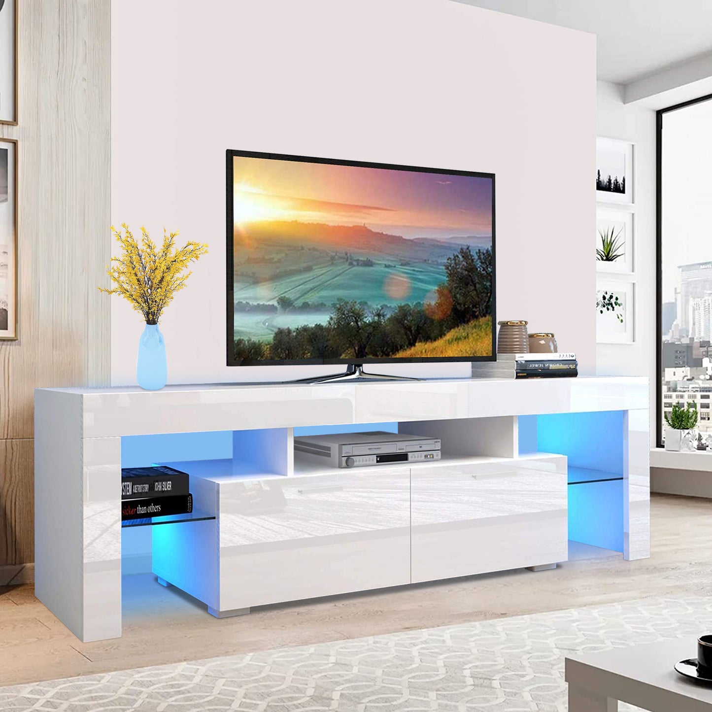 White TV Stand for 70 inch TV, Modern High Glossy Television Table Stands TV Cabinet Console Table with 16 Colors LED Lights, TV Buffet Cabinet with Storage, Living Room Entertainment Center