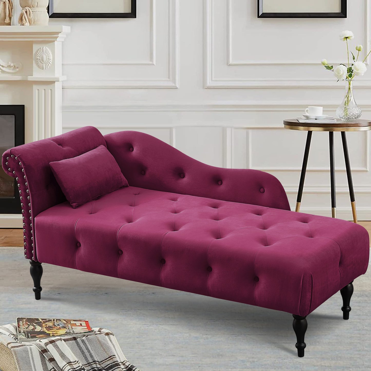 SYNGAR Tufted Upholstered Velvet Rolled Arm Chaise Lounges Indoor Chair, Right Arm Facing Chaise Lounge with Pillow, Nailhead Trim and Solid Wood Legs for Living Room Bedroom Office, Blue