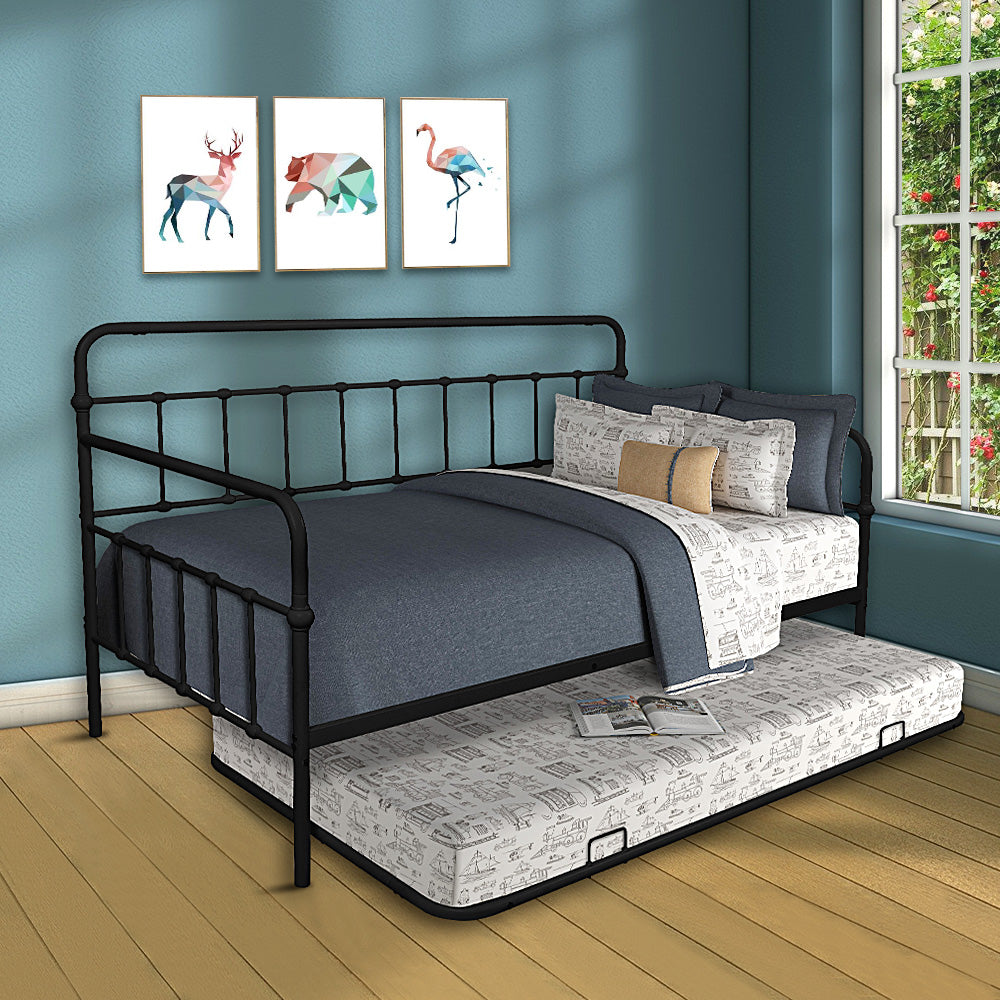 Twin Daybed with Trundle, Metal Frame, Dual-Use Sturdy Sofa Bed for Bedroom Guest Room Living Room, No Box Spring Needed, Ideal for Kids, Teens, Adults and Guest, B2158