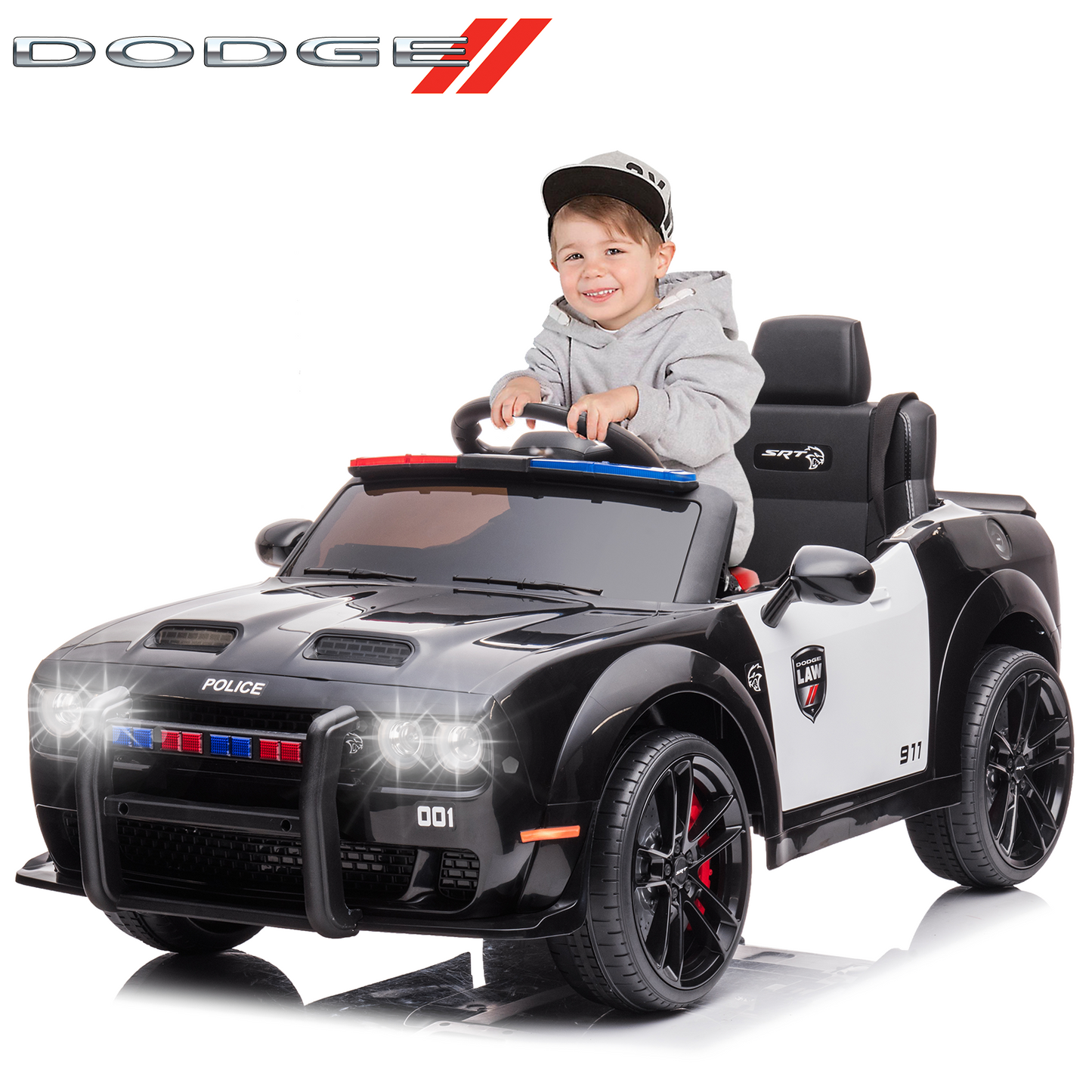 SYNGAR 12V Powered Ride on Police Car, Licensed Dodge Challenger Kids Ride On Toys with Patental Remote Control, LED Lights and Horn, Battery Operated Electric Vehicles Black, LJ1556