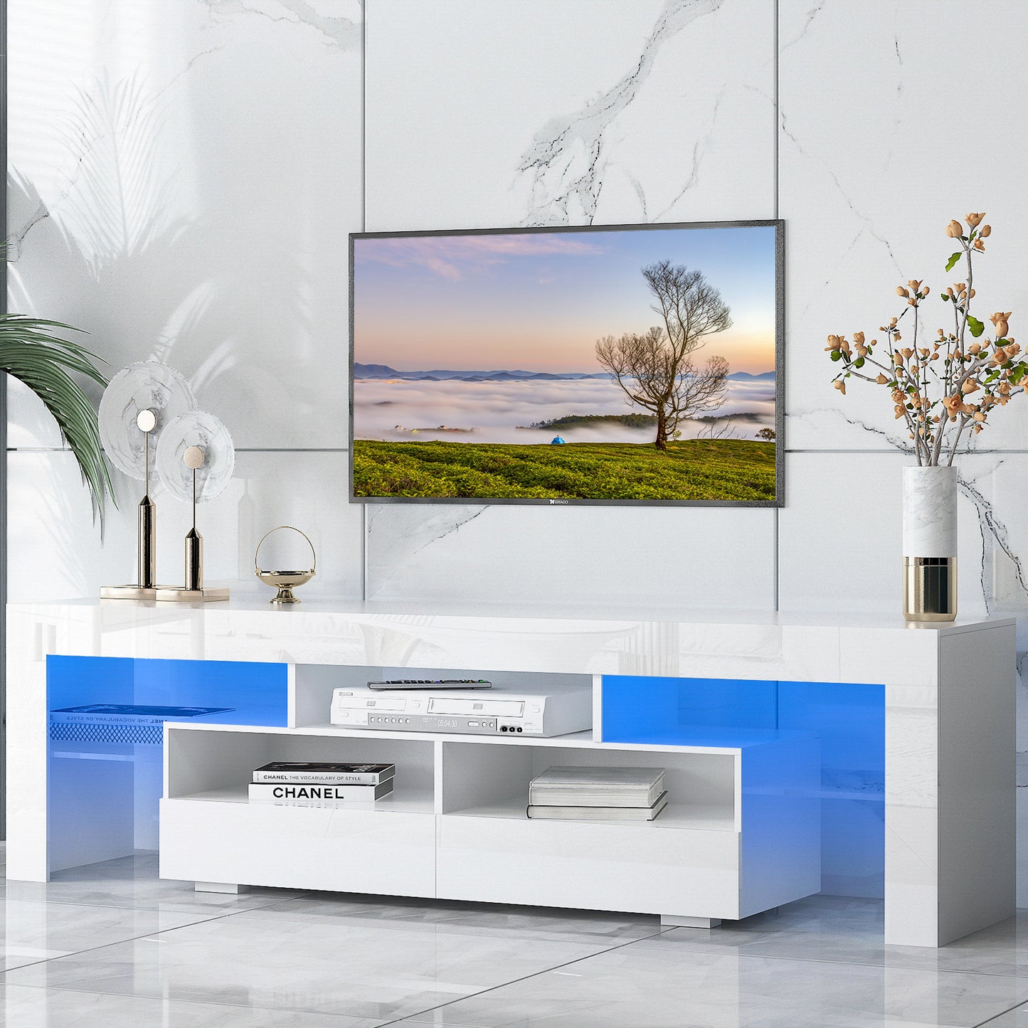 SYNGAR Modern TV Stand for TV up to 70 inches, TV Table Stand with 16-Color LED Lights, TV Console Table with Storage, Black, 63"L×14" W×18"H