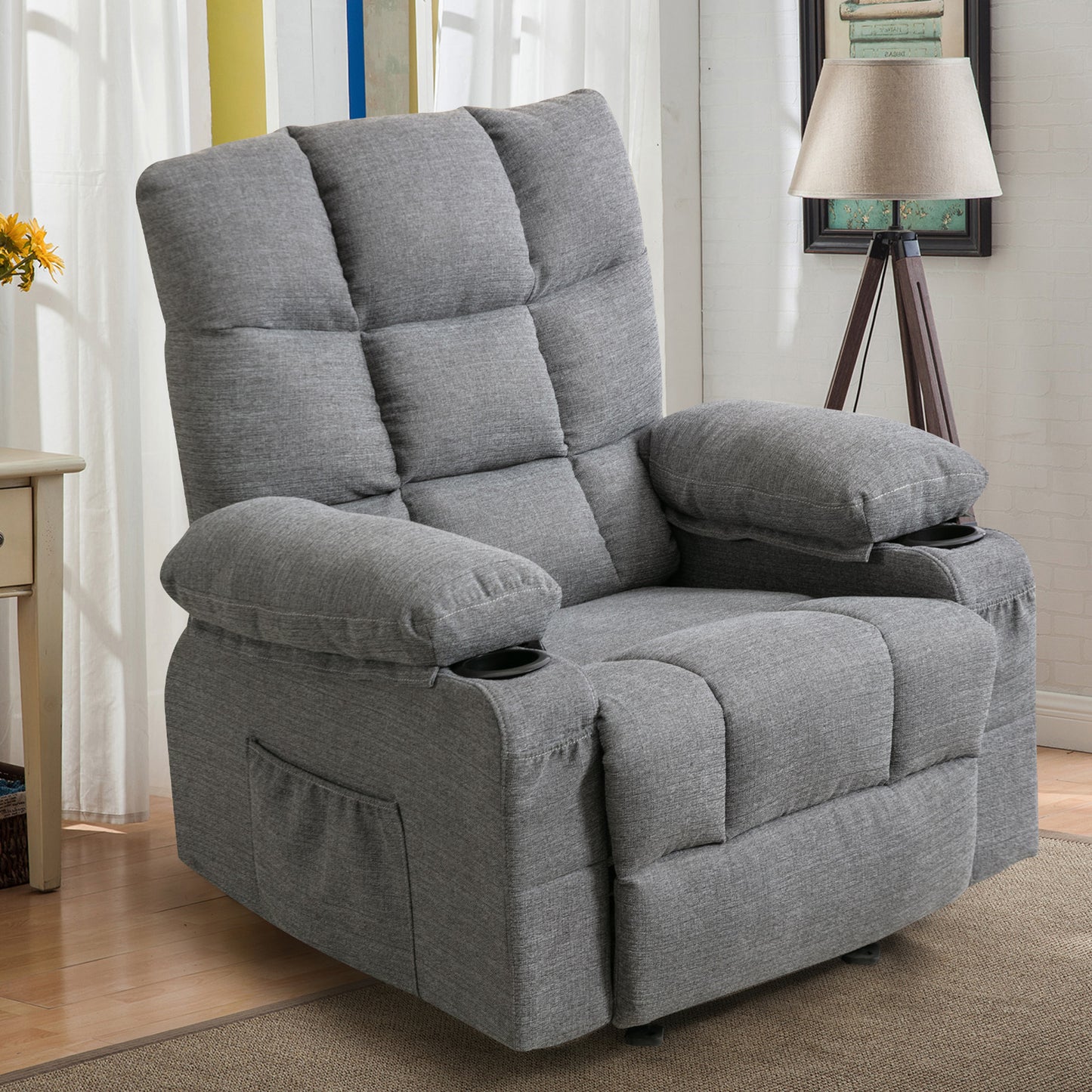 SYNGAR Manual Recliner Chair with Heat Therapy and Massage Function, Heavy Duty Reclining Mechanism Massage Chair, Elderly Single Rocker Sofa with Cup Holders for Bedroom Home Theater, Brown