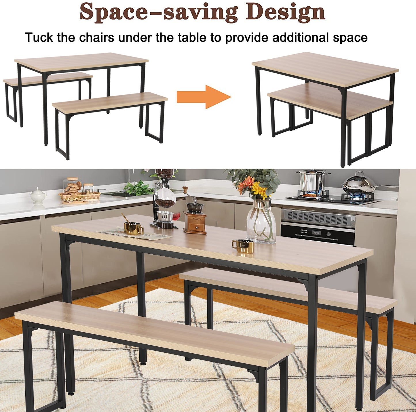 SYNGAR 3 Piece Kitchen Table Set, Modern Dining Set with 2 Benches, Home Dining Table Set for 4, Breakfast Table and Chairs Set, for Small Space, Kitchen, Dining Room, Restaurant, Beige, Y005