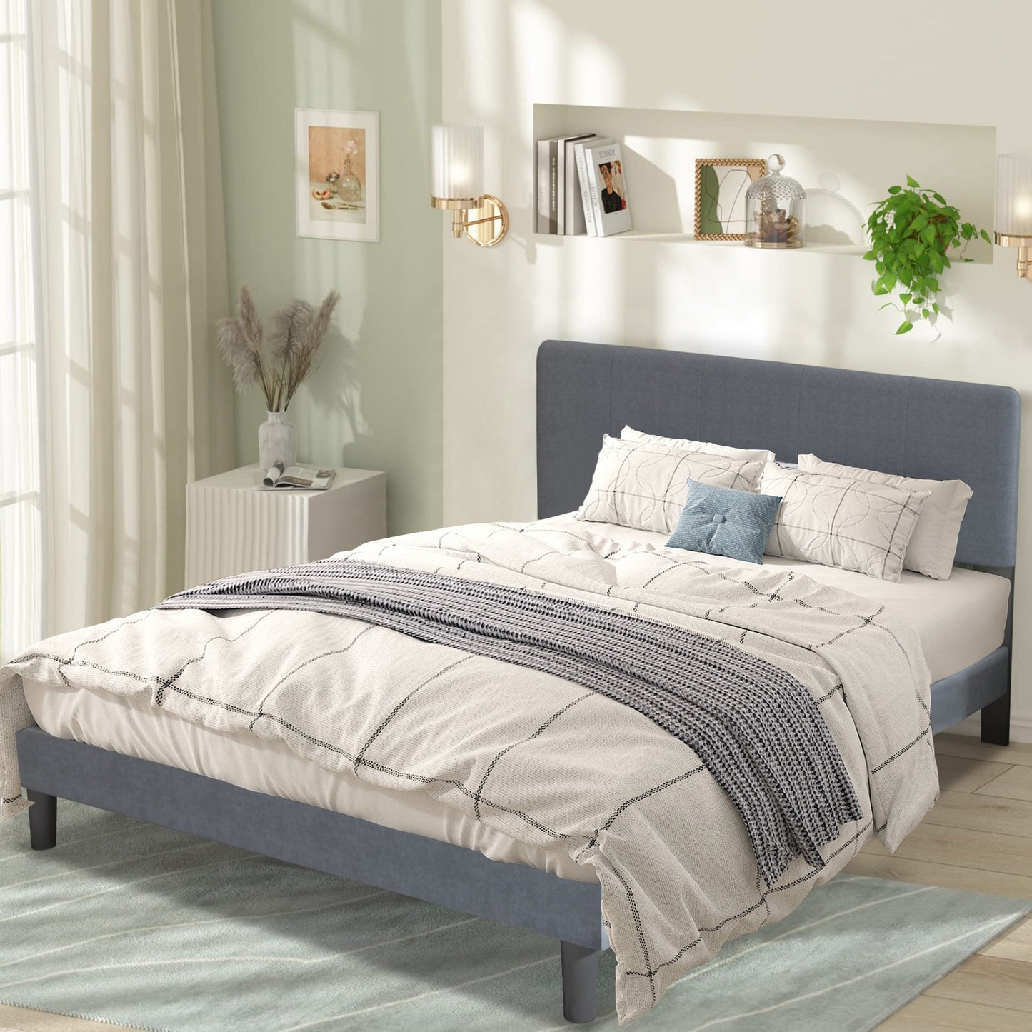 SYNGAR Full Bed Frame, New Upgrade Full Size Velvet Upholstered Platform Bed Frame with Elegant Headboard, Bedroom Furniture Wooden Frame Platform Bed Frame, No Box Spring Needed, Gray