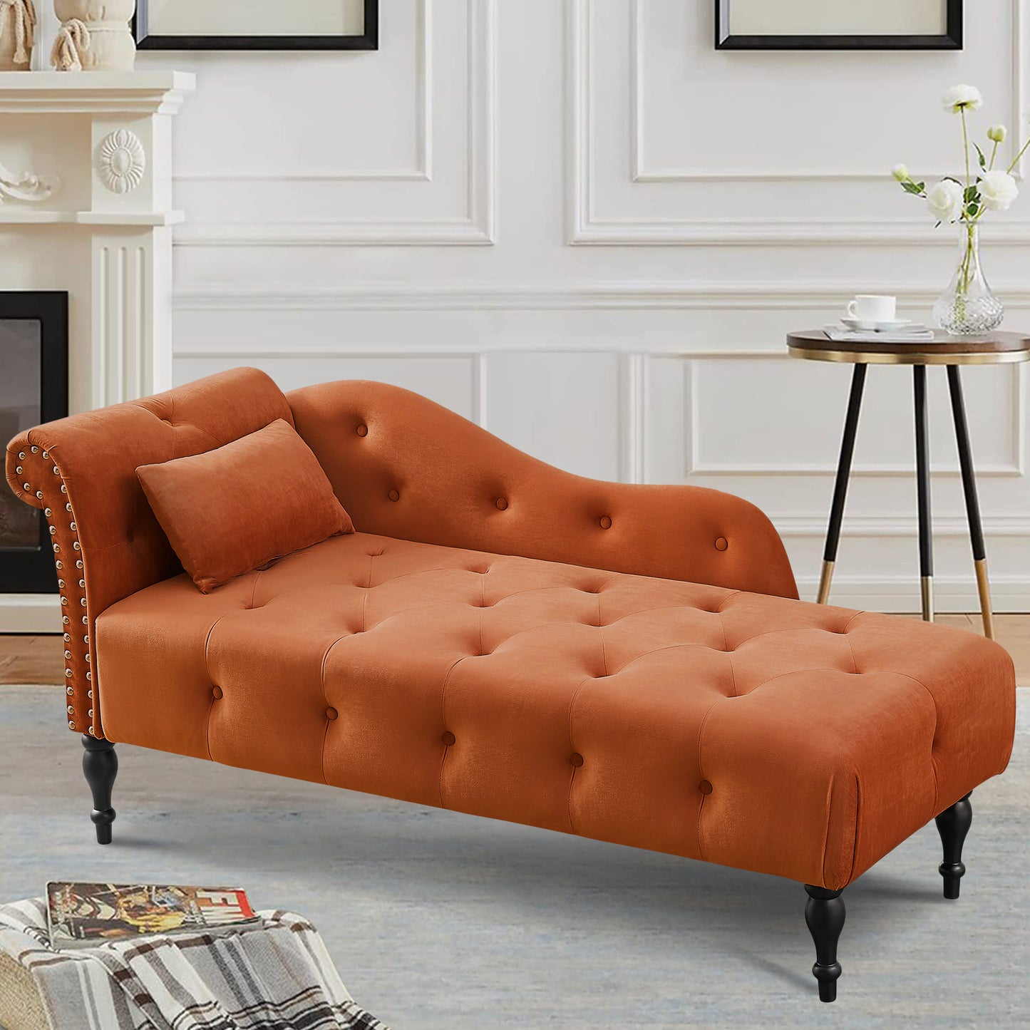 SYNGAR Tufted Upholstered Velvet Rolled Arm Chaise Lounges Indoor Chair, Right Arm Facing Chaise Lounge with Pillow, Nailhead Trim and Solid Wood Legs for Living Room Bedroom Office, Blue