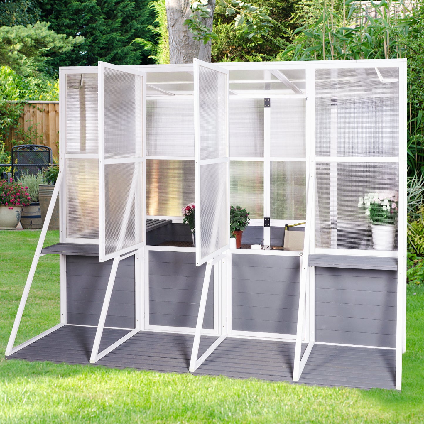 Syngar Wooden Greenhouse, Extra Large Walk-in Greenhouse for Outdoor, Heavy Duty Garden Greenhouse with Open Shelves and Adjustable Roof, Backyard Sunroom Storage Shed for Plants in Winter