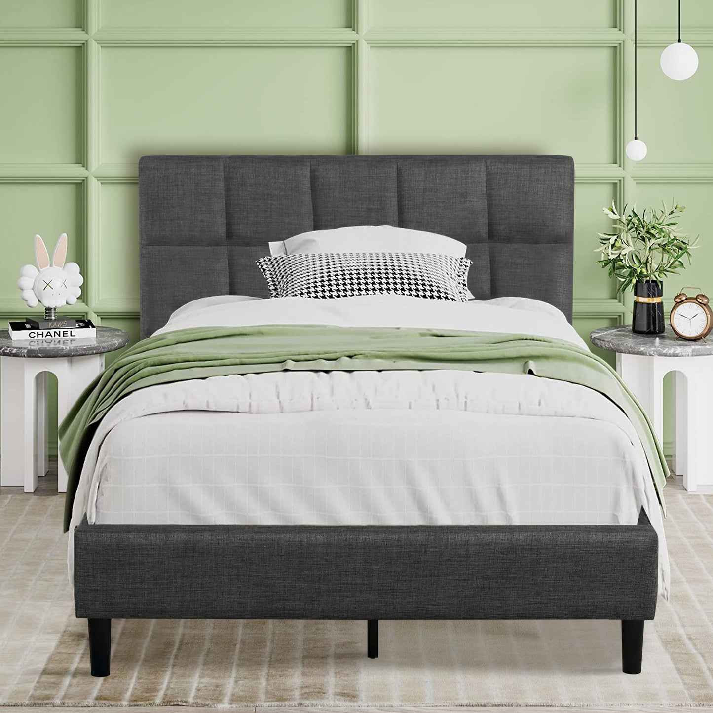 SYNGAR Gray Fabric Upholstered Platform Bed Frame Twin Size with Button Tufted Headboard, Wood Frame Mattress Foundation with Strong Wooden Slat Support, No Box Spring Needed, Easy Assembly