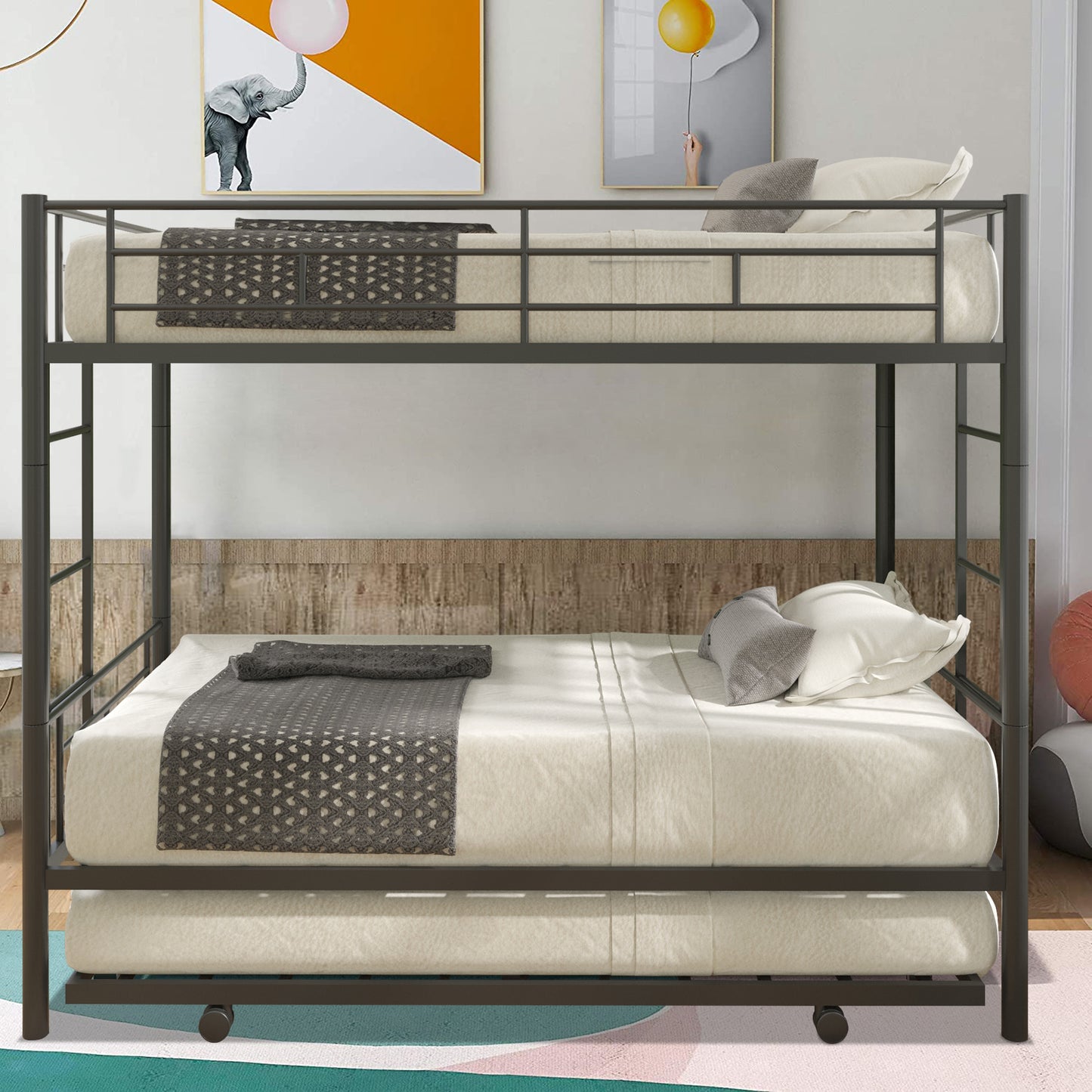 Twin over Twin Bunk Bed Frame with Trundle, SYNGAR Upgraded Bunk Beds with Ladder & Guardrail, Heavy Duty Kids Bedroom Furniture Bunk Bed for Boys and Girls, Space Saver Guest Room Bunk, Silver, C24