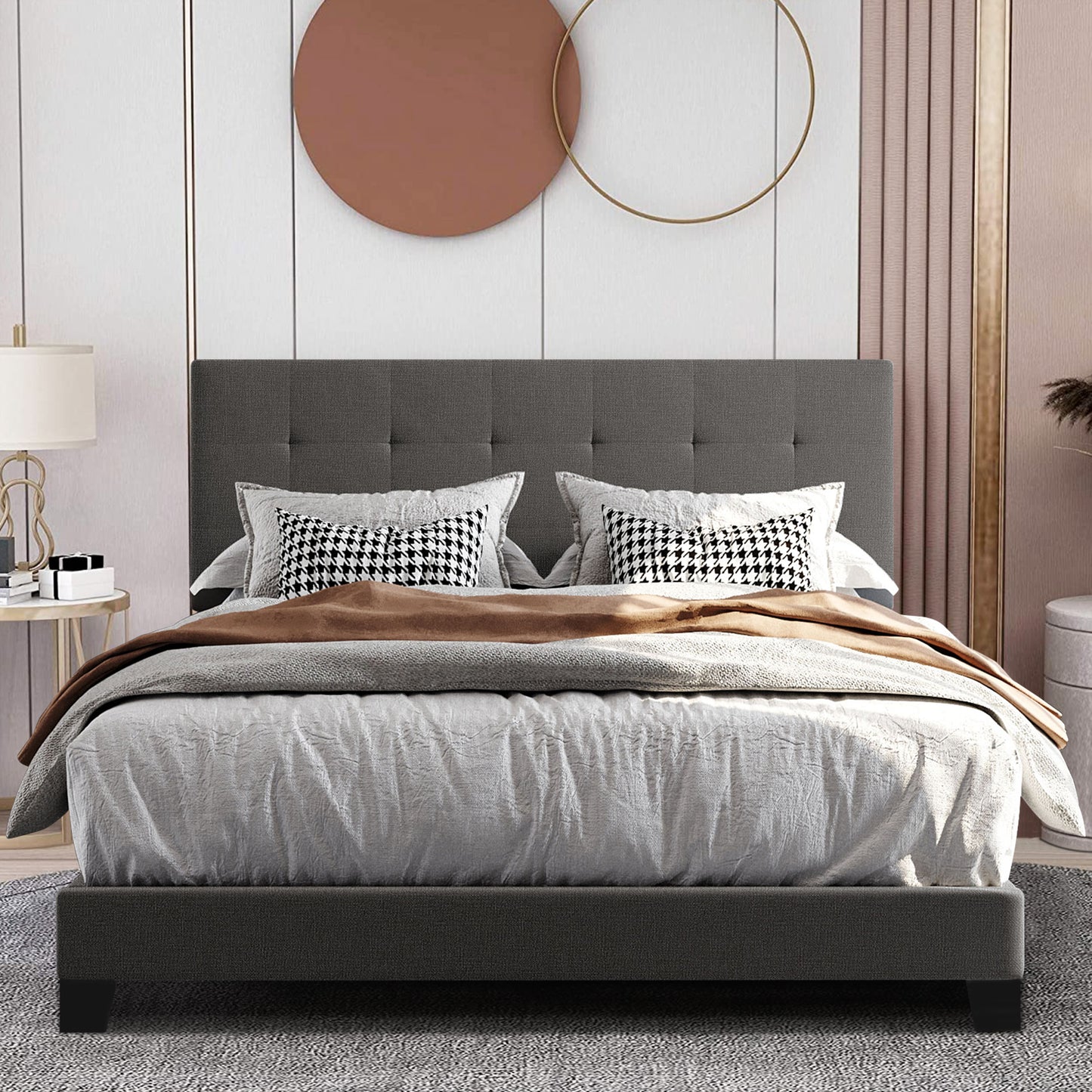 SYNGAR Upholstered Queen Bed Frame with Nailhead Trim Headboard, Fabric Platform Bed Frame Queen Size Bed Frame, Bedroom Furniture for Teens Adults, No Box Spring Needed, Gray
