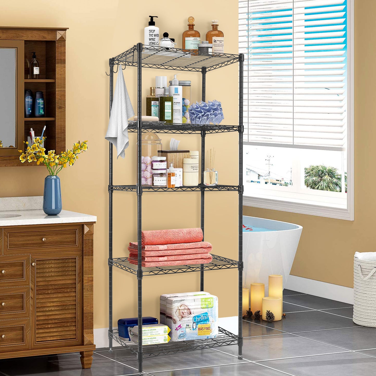 5 Tier Adjustable Storage Shelves Metal Storage Rack Wire Shelving Unit Storage Shelves Metal 19.68"Lx11.81"Wx53.54"H Changeable Assembly Floor Standing Rack for Pantry Closet Kitchen Laundry, Black